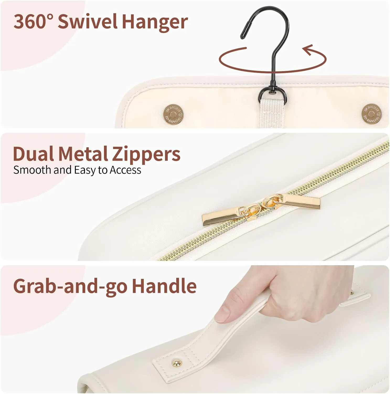 PACKISM Hanging Travel Bag for Traveling - Soft PU Leather Waterproof Travel Toiletry Bag for Full-Sized Toiletries, with Inner Pockets for Small Items, U Wide Open and Detachable Bag, Off White (L)