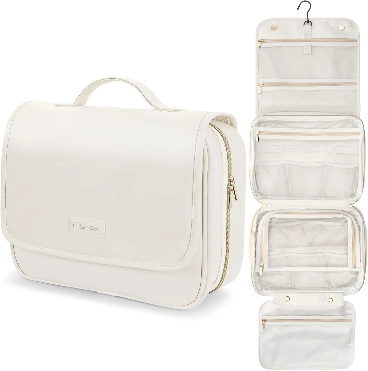 PACKISM Hanging Travel Bag for Traveling - Soft PU Leather Waterproof Travel Toiletry Bag for Full-Sized Toiletries, with Inner Pockets for Small Items, U Wide Open and Detachable Bag, Off White (L)