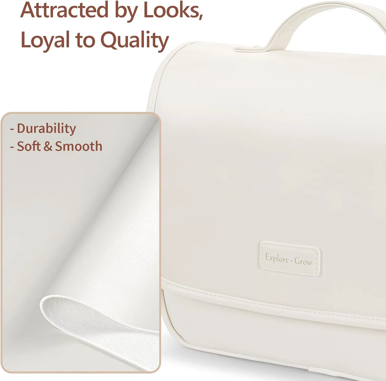 PACKISM Hanging Travel Bag for Traveling - Soft PU Leather Waterproof Travel Toiletry Bag for Full-Sized Toiletries, with Inner Pockets for Small Items, U Wide Open and Detachable Bag, Off White (L)