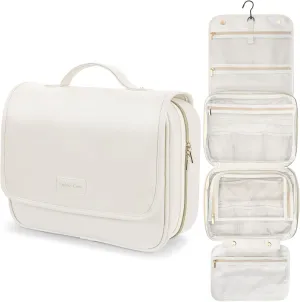 PACKISM Hanging Travel Bag for Traveling - Soft PU Leather Waterproof Travel Toiletry Bag for Full-Sized Toiletries, with Inner Pockets for Small Items, U Wide Open and Detachable Bag, Off White (L)