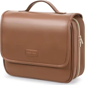 PACKISM Hanging Travel Bag for Women - Smooth PU Leather Waterproof Travel Toiletry Bag for Full-Sized Toiletries, with Inner Pockets for Small Items, U Wide Open and Detachable Bag, Brown (L)