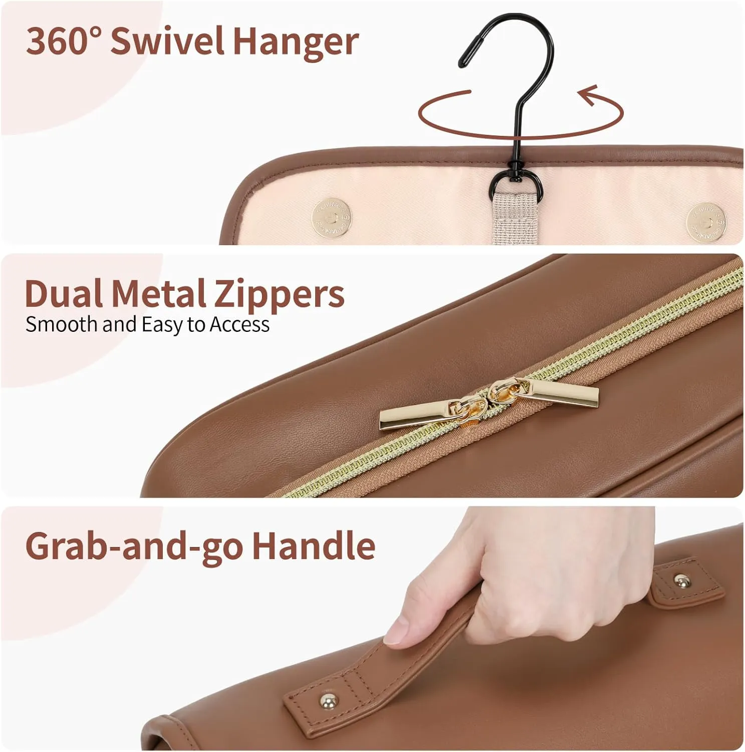 PACKISM Hanging Travel Bag for Women - Smooth PU Leather Waterproof Travel Toiletry Bag for Full-Sized Toiletries, with Inner Pockets for Small Items, U Wide Open and Detachable Bag, Brown (L)