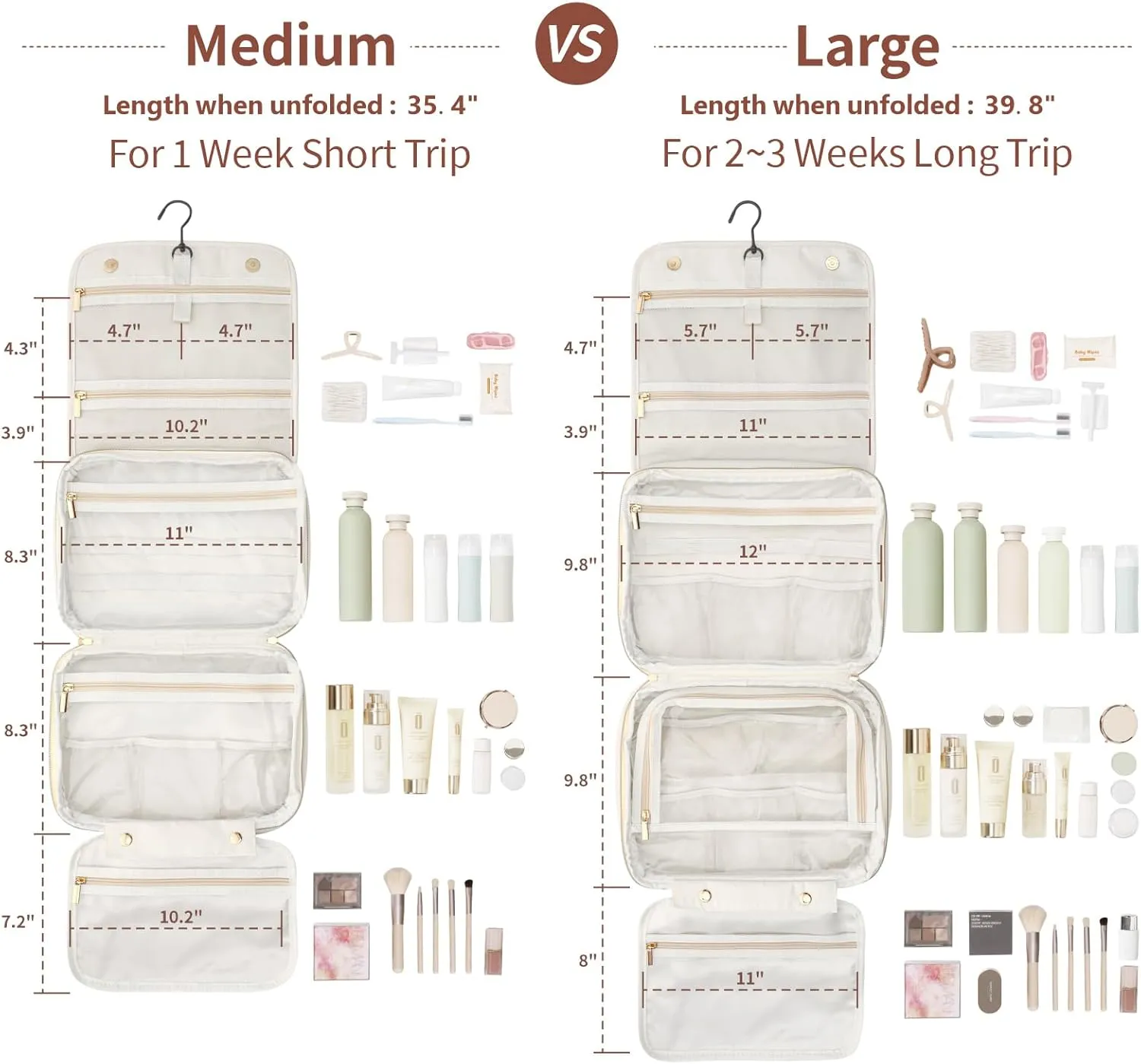 PACKISM Hanging Travel Bag for Women - Smooth PU Leather Waterproof Travel Toiletry Bag for Full-Sized Toiletries, with Inner Pockets for Small Items, U Wide Open and Detachable Bag, Brown (L)
