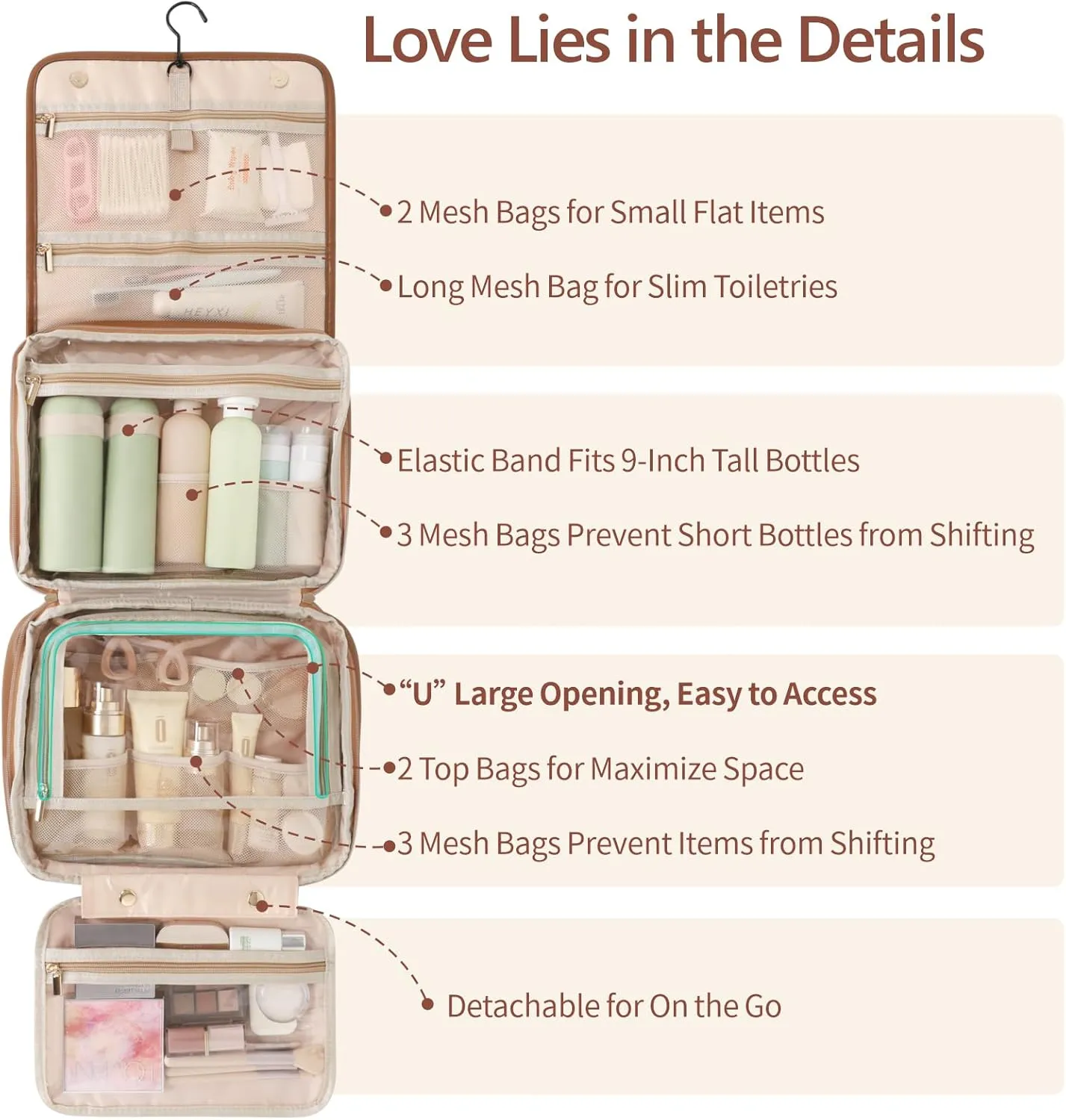 PACKISM Hanging Travel Bag for Women - Smooth PU Leather Waterproof Travel Toiletry Bag for Full-Sized Toiletries, with Inner Pockets for Small Items, U Wide Open and Detachable Bag, Brown (L)