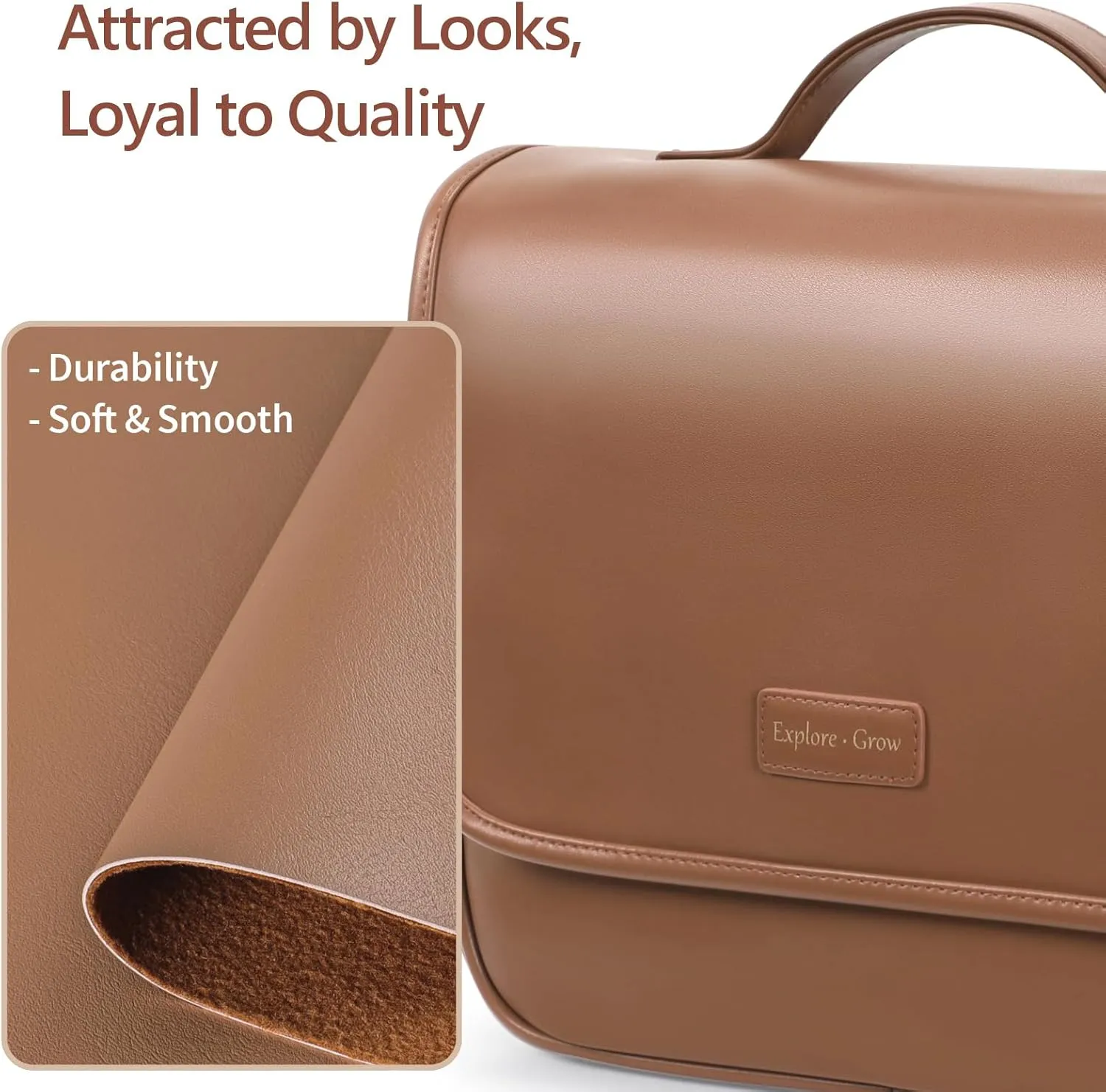 PACKISM Hanging Travel Bag for Women - Smooth PU Leather Waterproof Travel Toiletry Bag for Full-Sized Toiletries, with Inner Pockets for Small Items, U Wide Open and Detachable Bag, Brown (L)