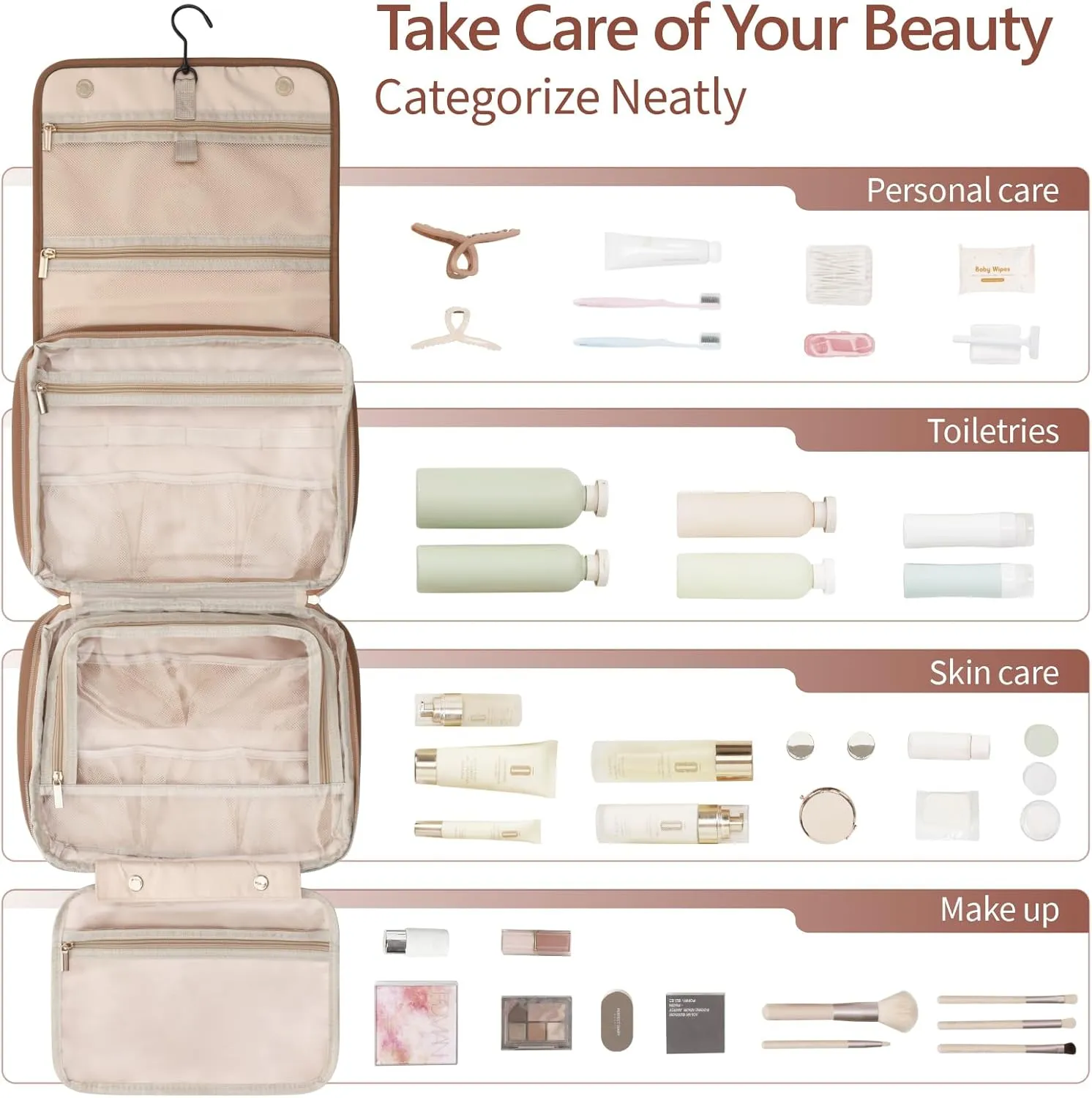 PACKISM Hanging Travel Bag for Women - Smooth PU Leather Waterproof Travel Toiletry Bag for Full-Sized Toiletries, with Inner Pockets for Small Items, U Wide Open and Detachable Bag, Brown (L)