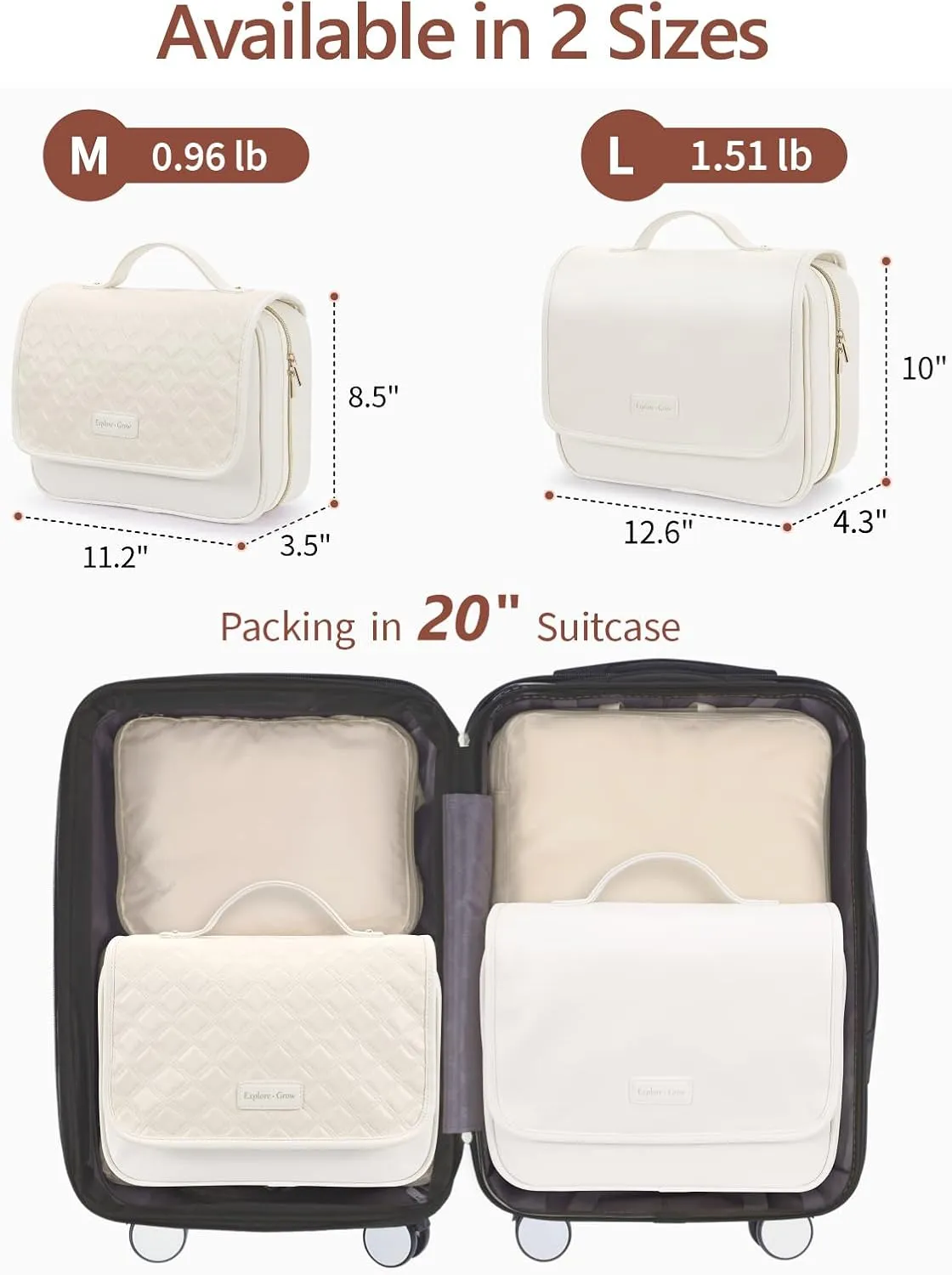 PACKISM Hanging Travel Bag for Women - Smooth PU Leather Waterproof Travel Toiletry Bag for Full-Sized Toiletries, with Inner Pockets for Small Items, U Wide Open and Detachable Bag, Brown (L)