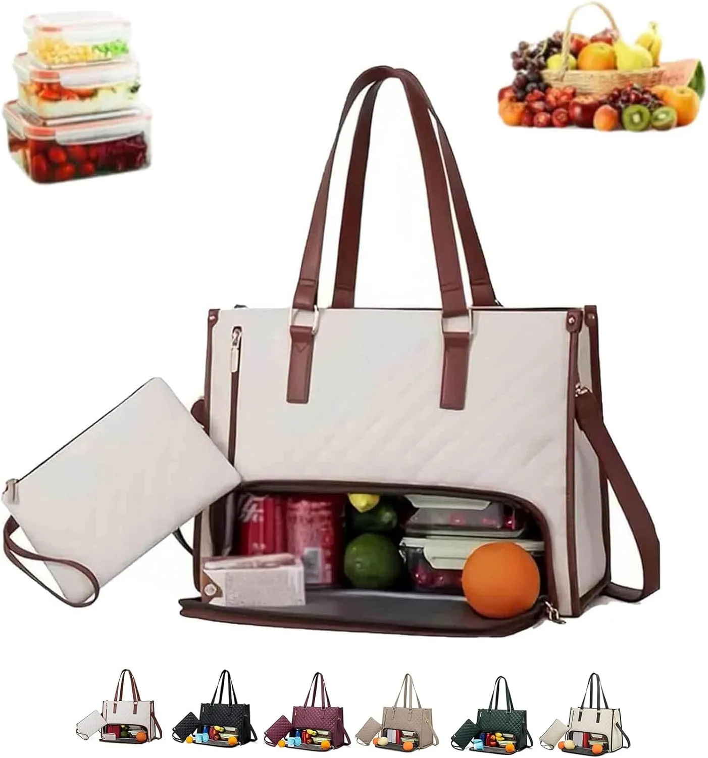 Packuum 3 in 1 Tote Bag, 2 In 1 Tote Bag Lunch Bag Combo, LaptopWith Insulated Lunch Compartment (Beige)