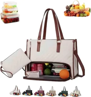 Packuum 3 in 1 Tote Bag, 2 In 1 Tote Bag Lunch Bag Combo, LaptopWith Insulated Lunch Compartment (Beige)