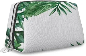 Palm Leaves,Large Capacity Travel Leather Cosmetic Bag,Palm Tree Leaves Background,Multifunctional Storage Makeup Bag for Women,Green White,M