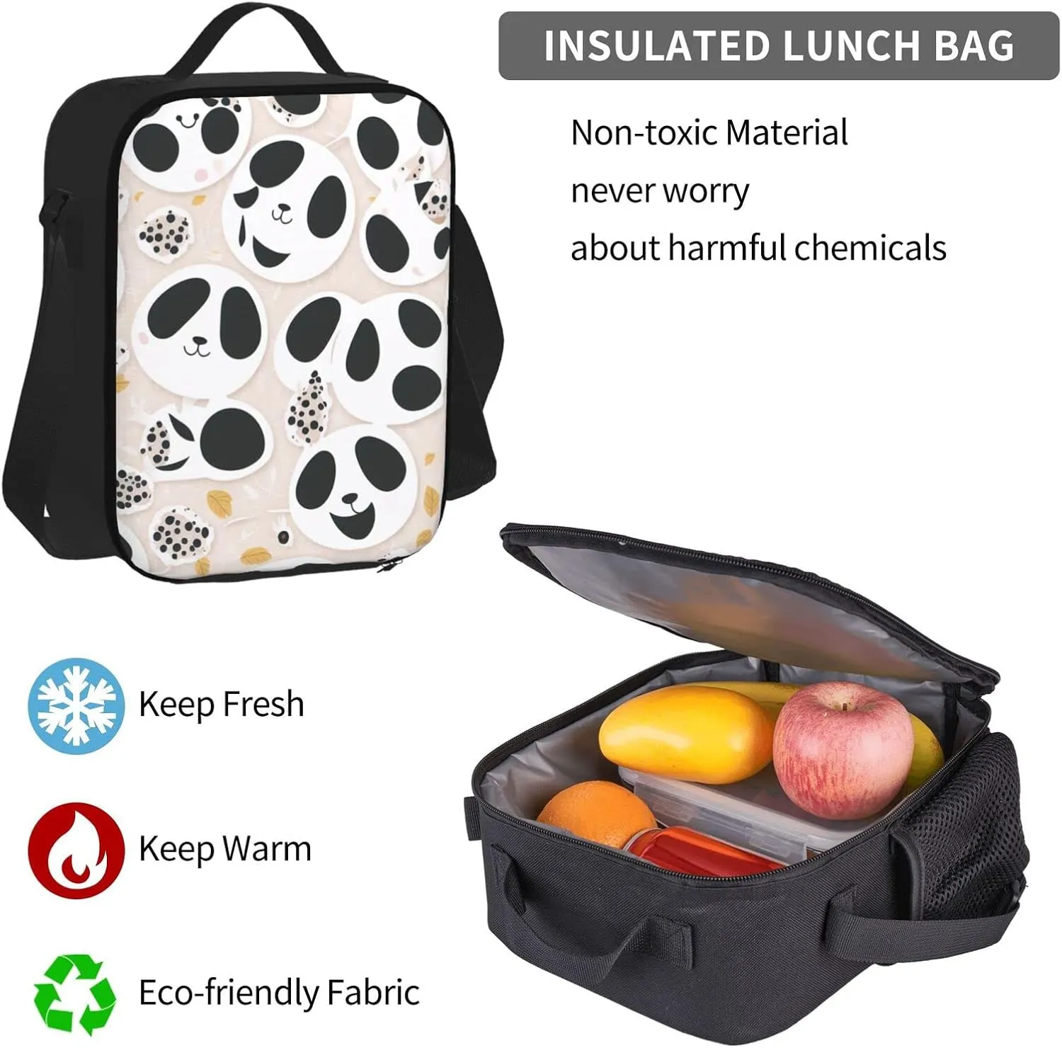 Pandas Cute Printed Pattern Three-Piece Backpack Set With Pocket Backpack Cross-Body Lunch Bag Pen Bag For Travel Daypack