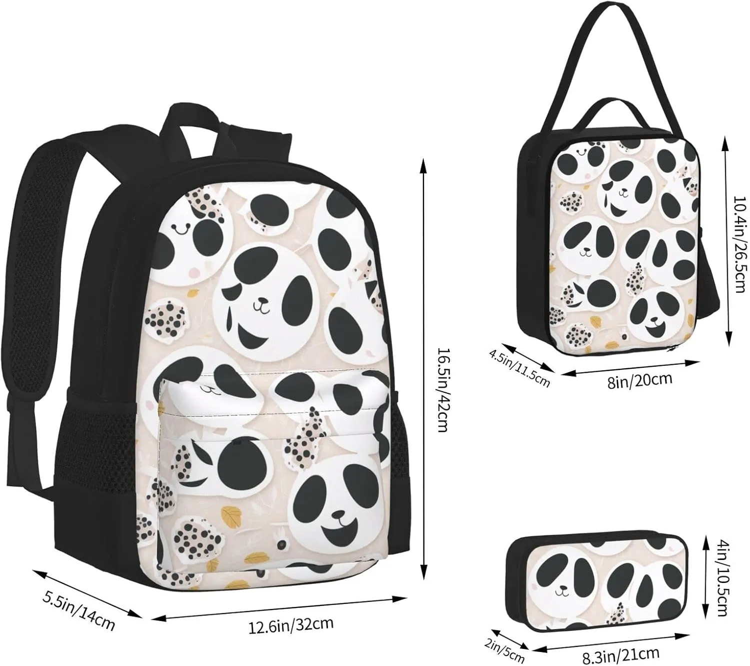 Pandas Cute Printed Pattern Three-Piece Backpack Set With Pocket Backpack Cross-Body Lunch Bag Pen Bag For Travel Daypack