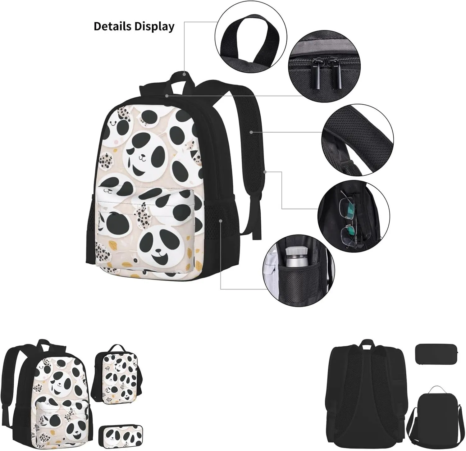 Pandas Cute Printed Pattern Three-Piece Backpack Set With Pocket Backpack Cross-Body Lunch Bag Pen Bag For Travel Daypack