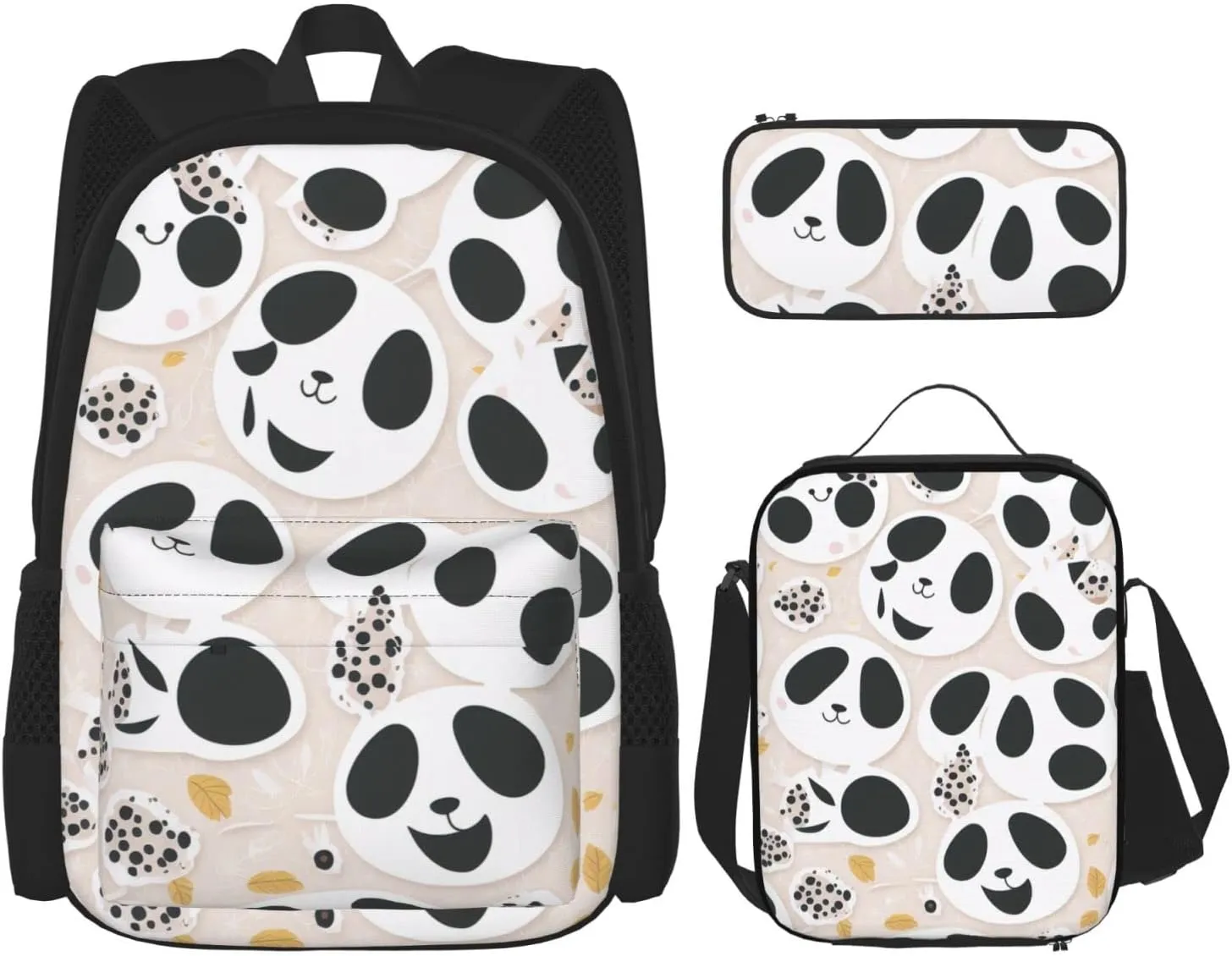 Pandas Cute Printed Pattern Three-Piece Backpack Set With Pocket Backpack Cross-Body Lunch Bag Pen Bag For Travel Daypack