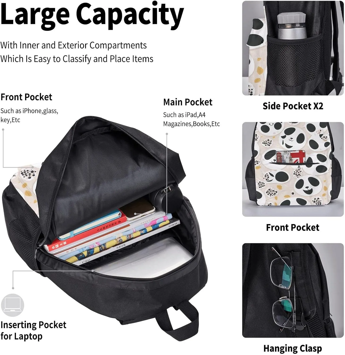 Pandas Cute Printed Pattern Three-Piece Backpack Set With Pocket Backpack Cross-Body Lunch Bag Pen Bag For Travel Daypack