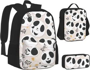 Pandas Cute Printed Pattern Three-Piece Backpack Set With Pocket Backpack Cross-Body Lunch Bag Pen Bag For Travel Daypack