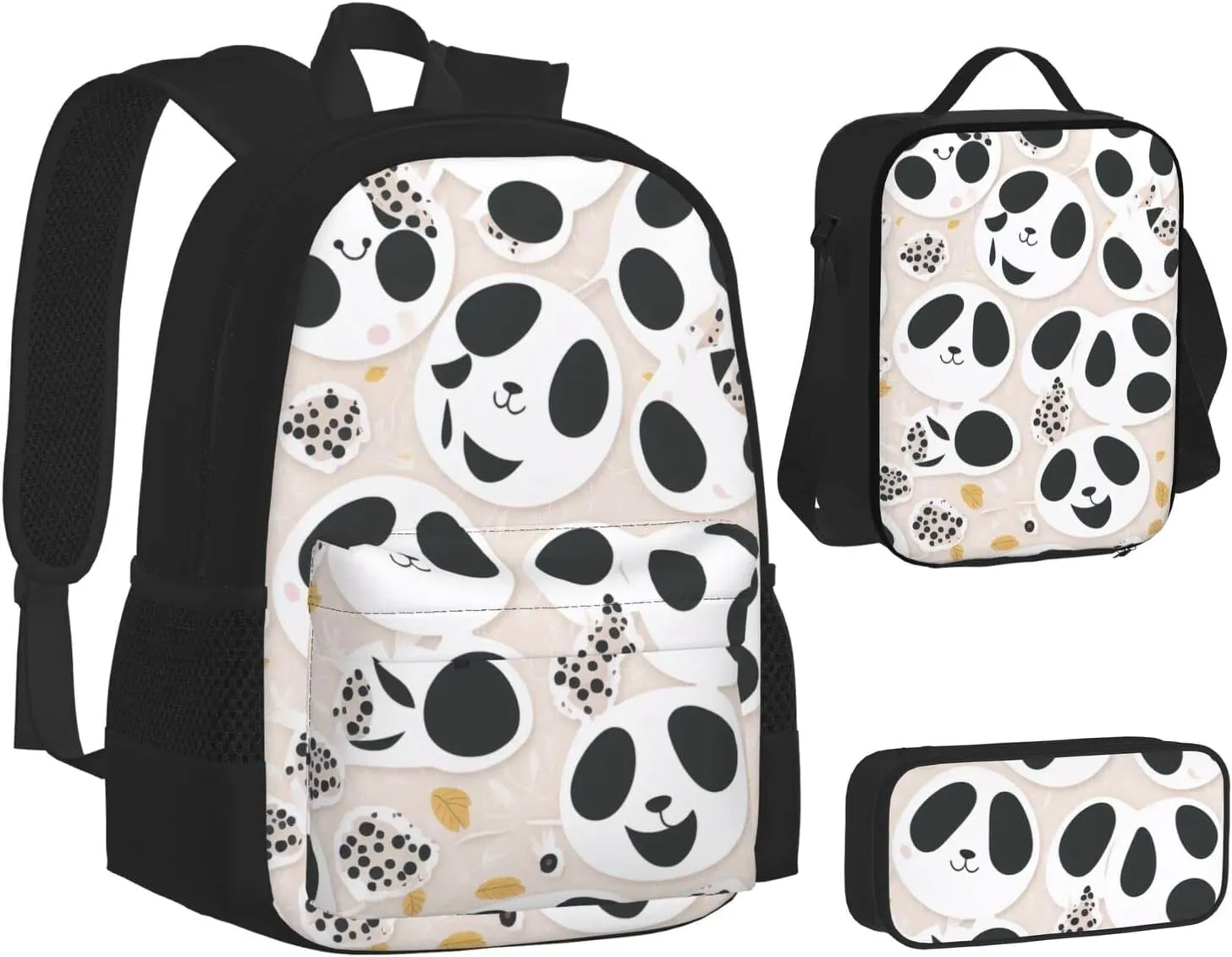 Pandas Cute Printed Pattern Three-Piece Backpack Set With Pocket Backpack Cross-Body Lunch Bag Pen Bag For Travel Daypack