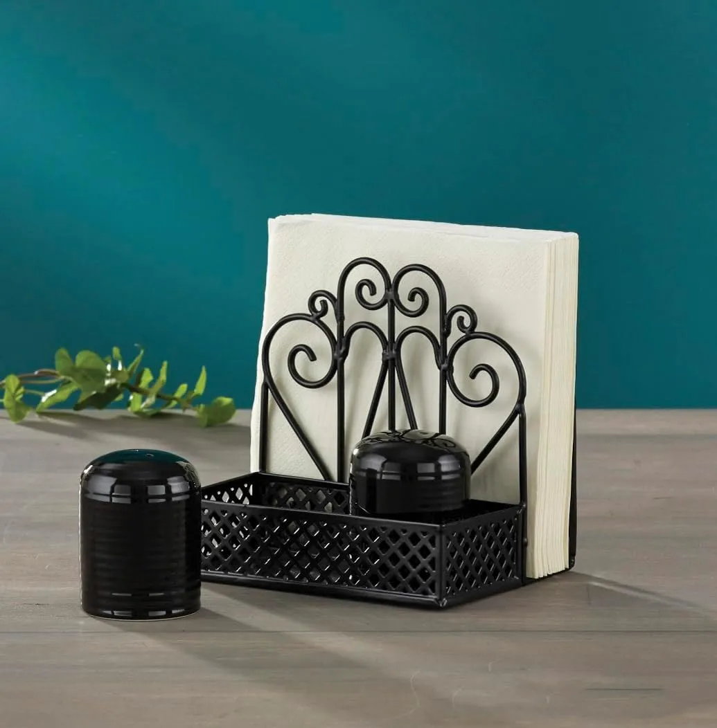 Park Designs Black Napkin Salt and Pepper Holder for Table | Combo Napkin Caddy & Salt and Pepper Caddy | Farmhouse Napkin Holder for Paper Napkins