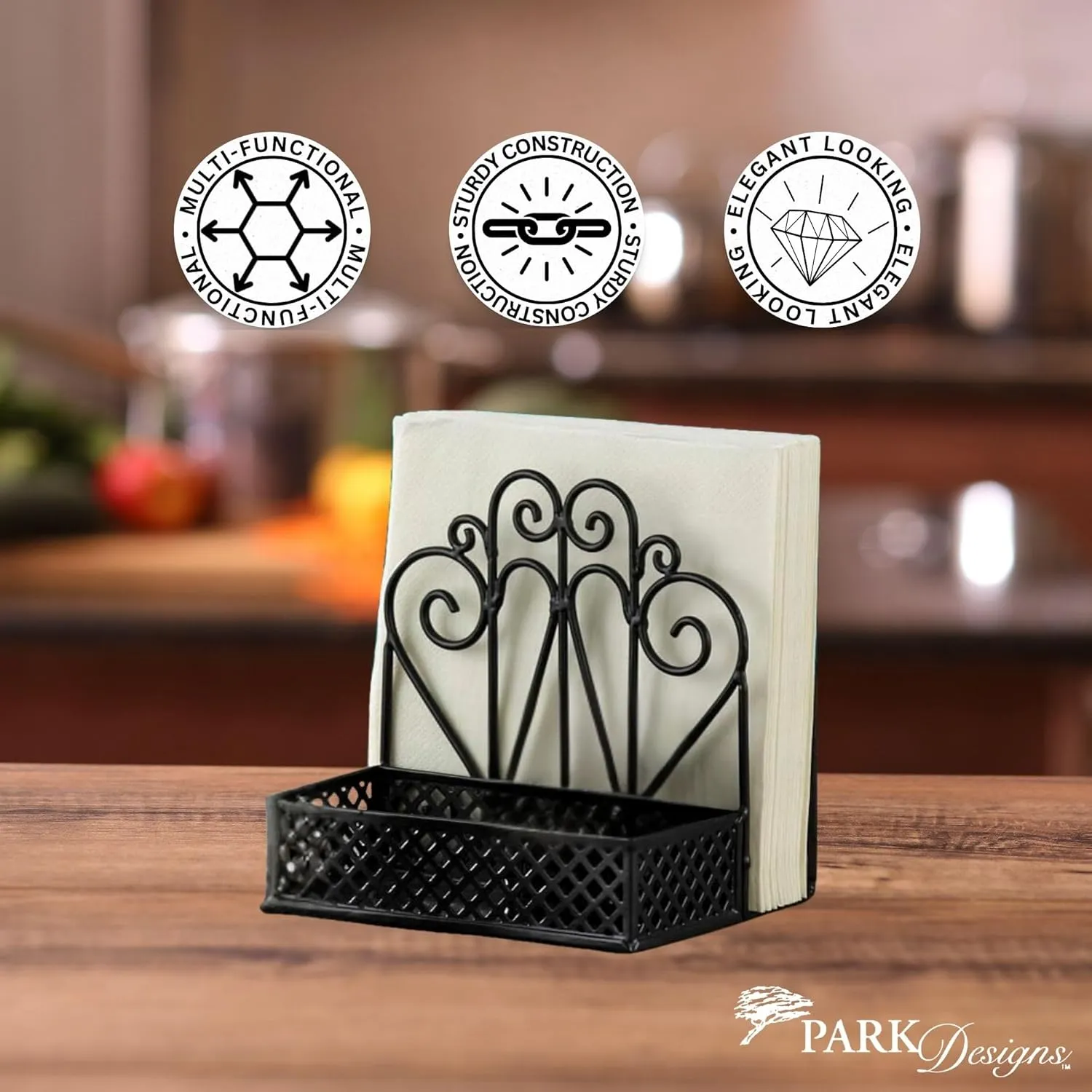 Park Designs Black Napkin Salt and Pepper Holder for Table | Combo Napkin Caddy & Salt and Pepper Caddy | Farmhouse Napkin Holder for Paper Napkins