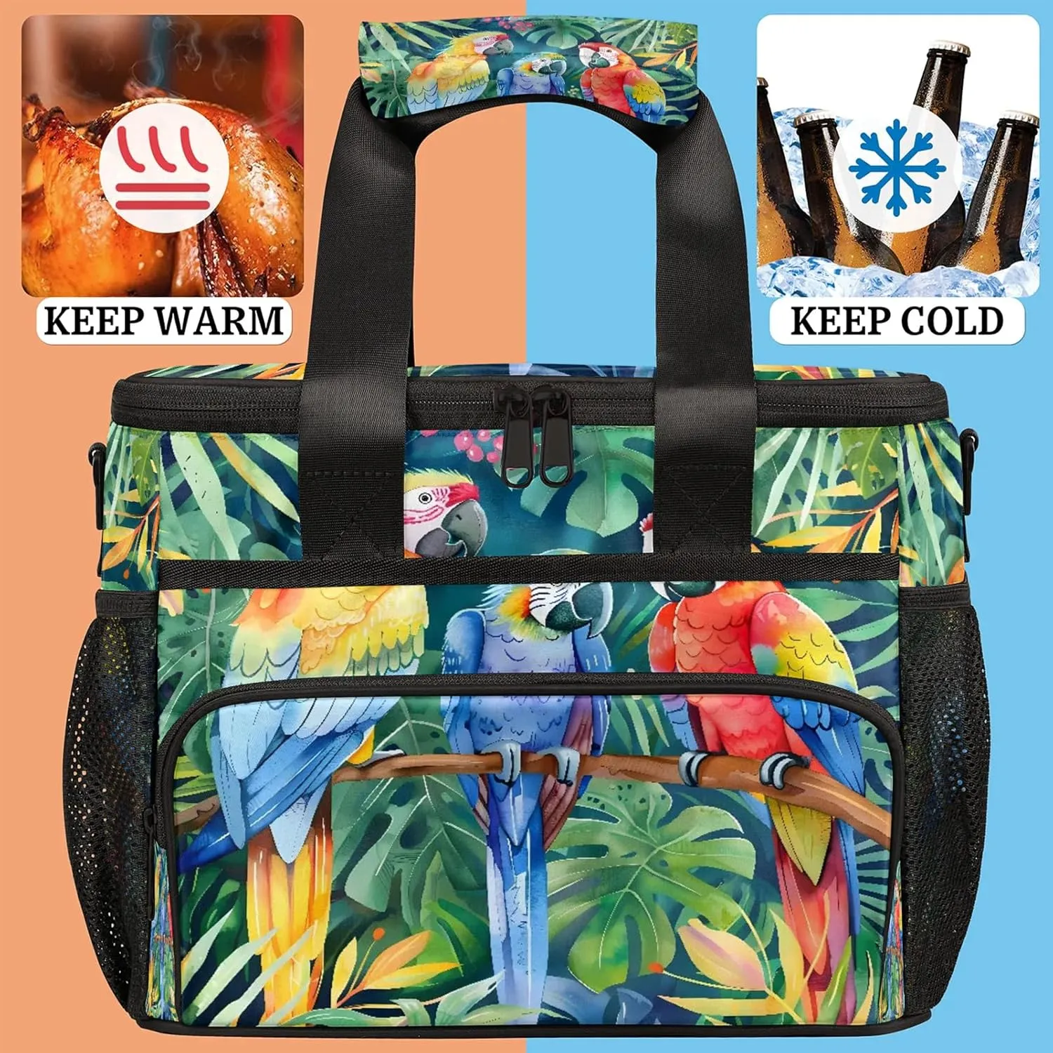 Parrot Tropical Palm Leaves Insulated Large Lunch Bag Lunchbox Reusable Leakproof Cooler Bags with Shoulder Strap for Adult Men Women Work Picnic