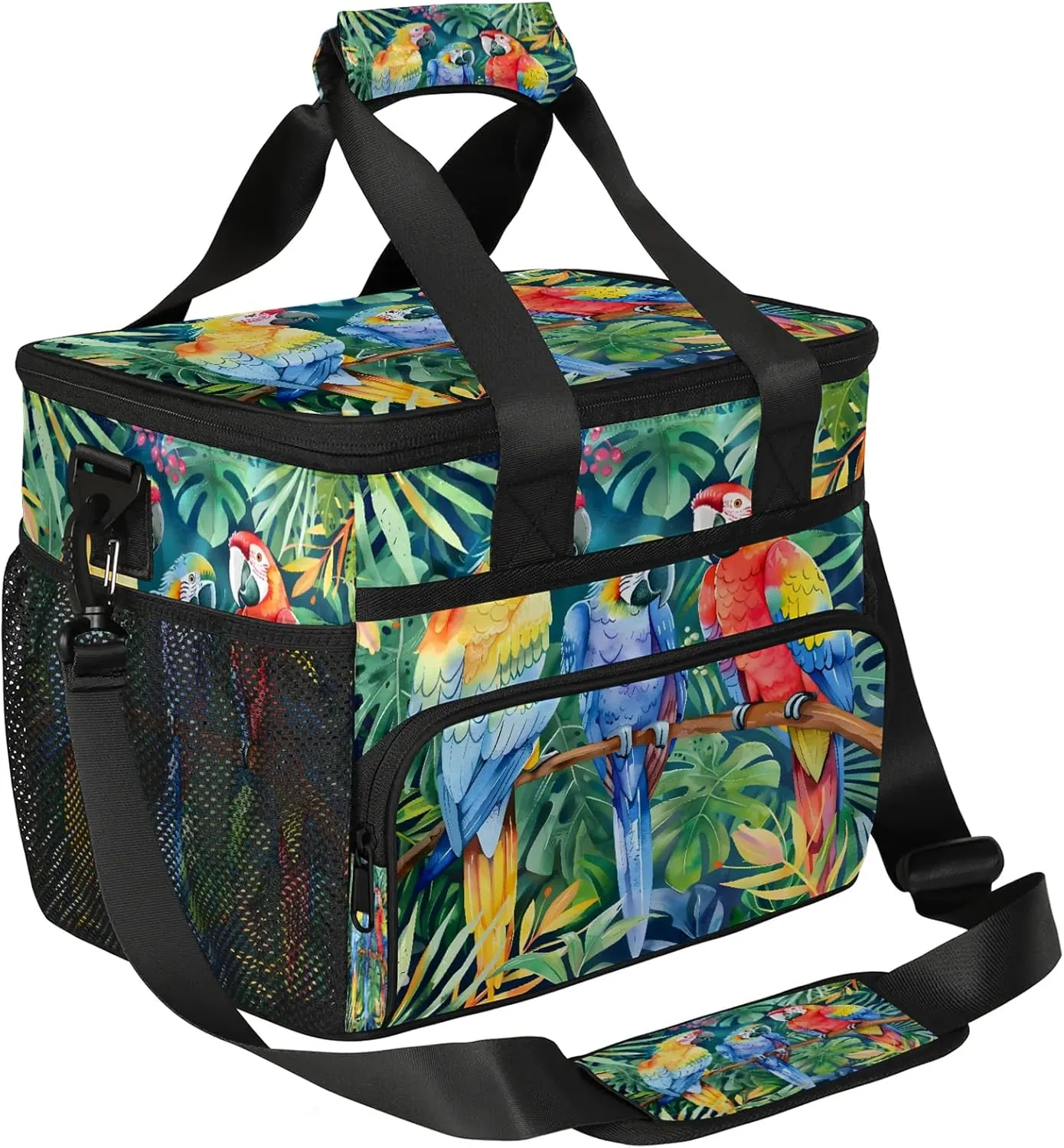 Parrot Tropical Palm Leaves Insulated Large Lunch Bag Lunchbox Reusable Leakproof Cooler Bags with Shoulder Strap for Adult Men Women Work Picnic