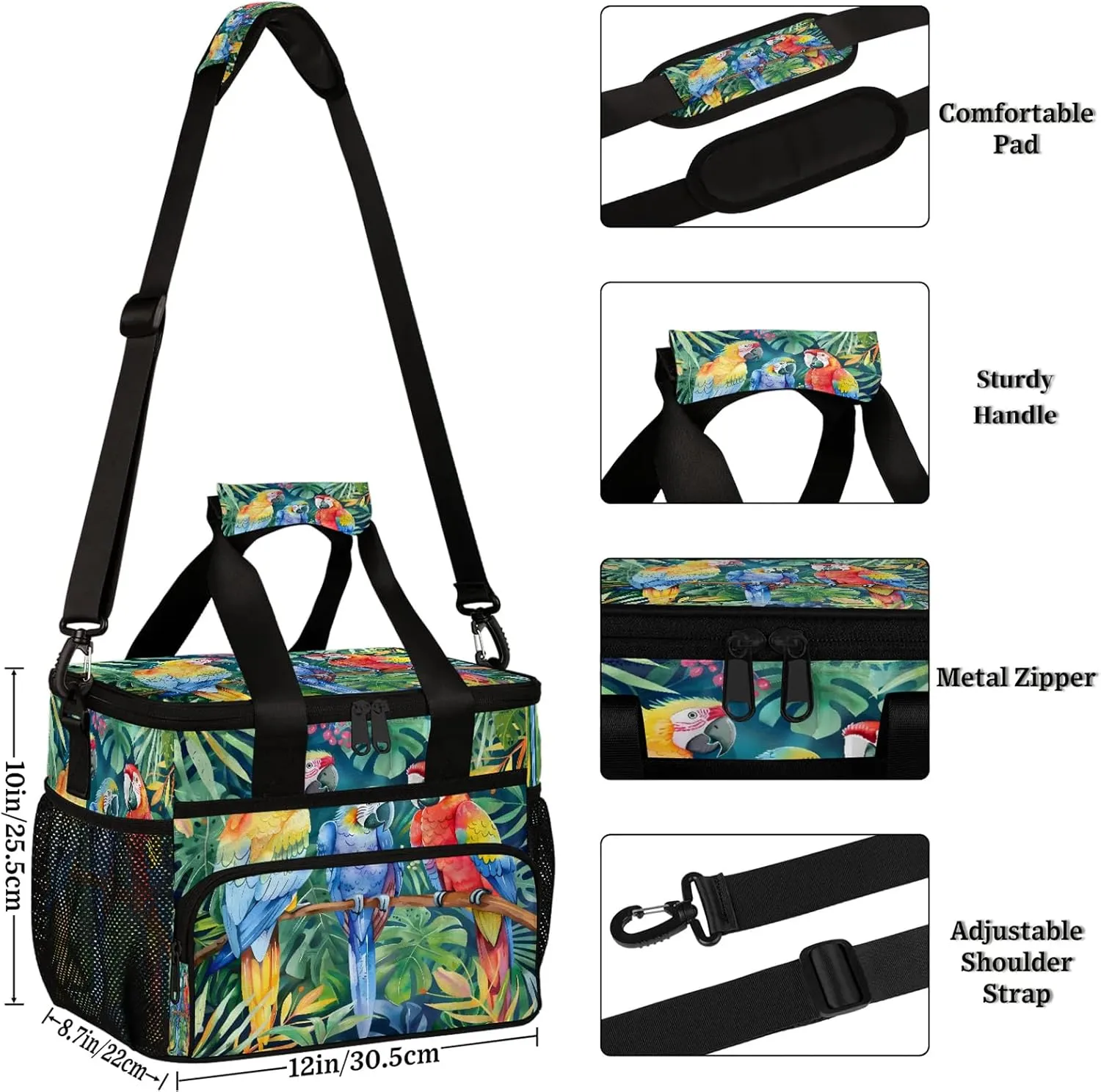 Parrot Tropical Palm Leaves Insulated Large Lunch Bag Lunchbox Reusable Leakproof Cooler Bags with Shoulder Strap for Adult Men Women Work Picnic