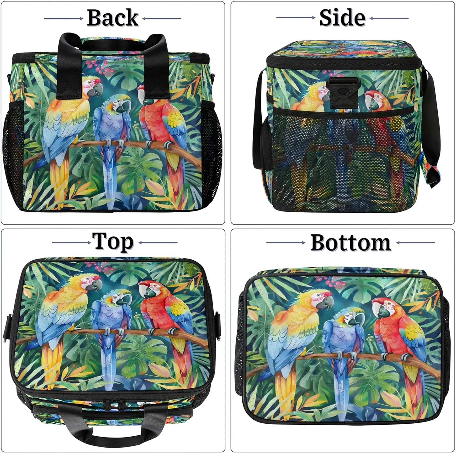 Parrot Tropical Palm Leaves Insulated Large Lunch Bag Lunchbox Reusable Leakproof Cooler Bags with Shoulder Strap for Adult Men Women Work Picnic