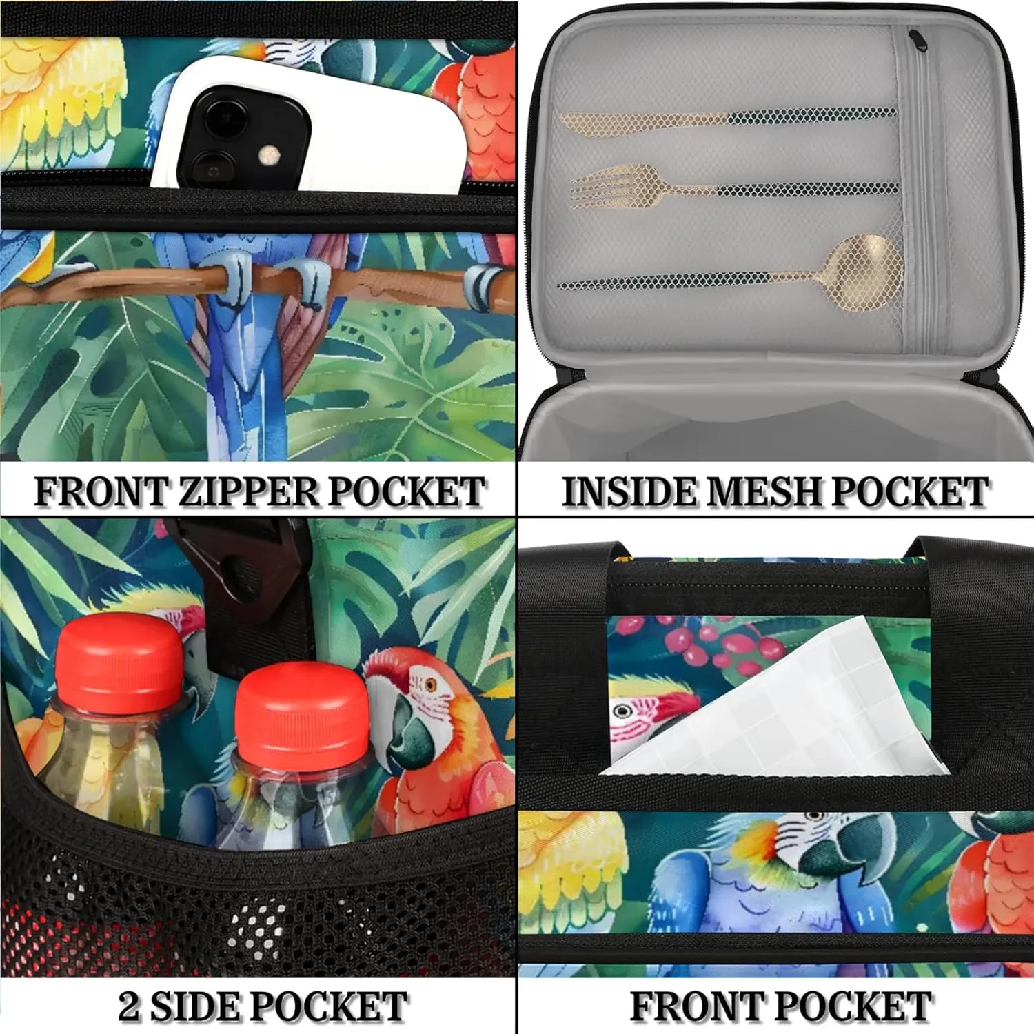 Parrot Tropical Palm Leaves Insulated Large Lunch Bag Lunchbox Reusable Leakproof Cooler Bags with Shoulder Strap for Adult Men Women Work Picnic