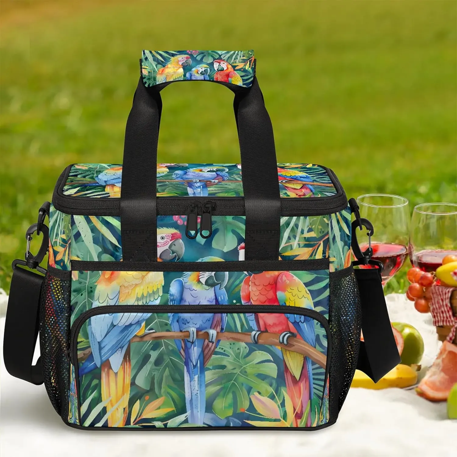 Parrot Tropical Palm Leaves Insulated Large Lunch Bag Lunchbox Reusable Leakproof Cooler Bags with Shoulder Strap for Adult Men Women Work Picnic