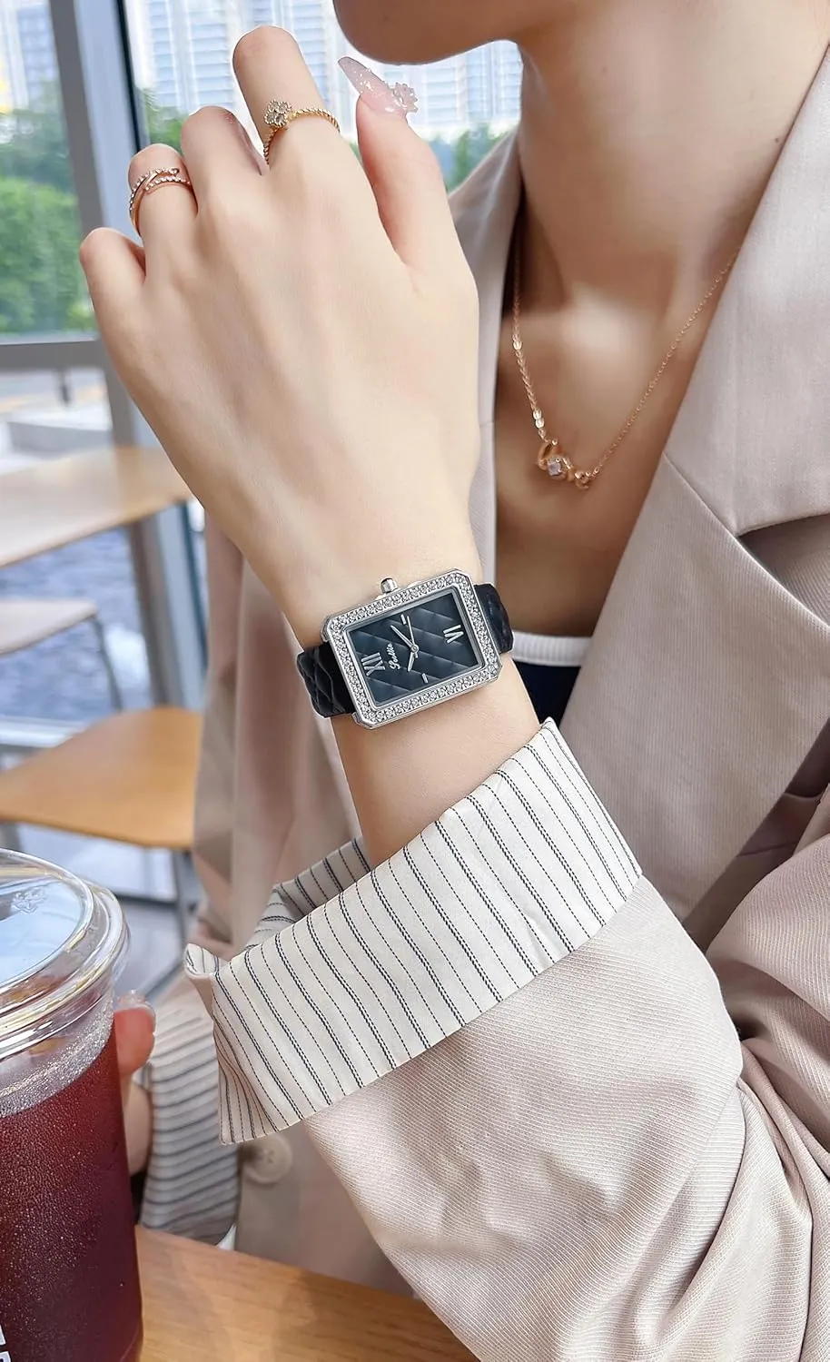 PASOY Luxury Women's Elegant Rectangular Watch Leather Strap Diamond Inlaid Bezel Quartz Lightweight Waterproof Stylish for Women in Black Green Beige Lavender