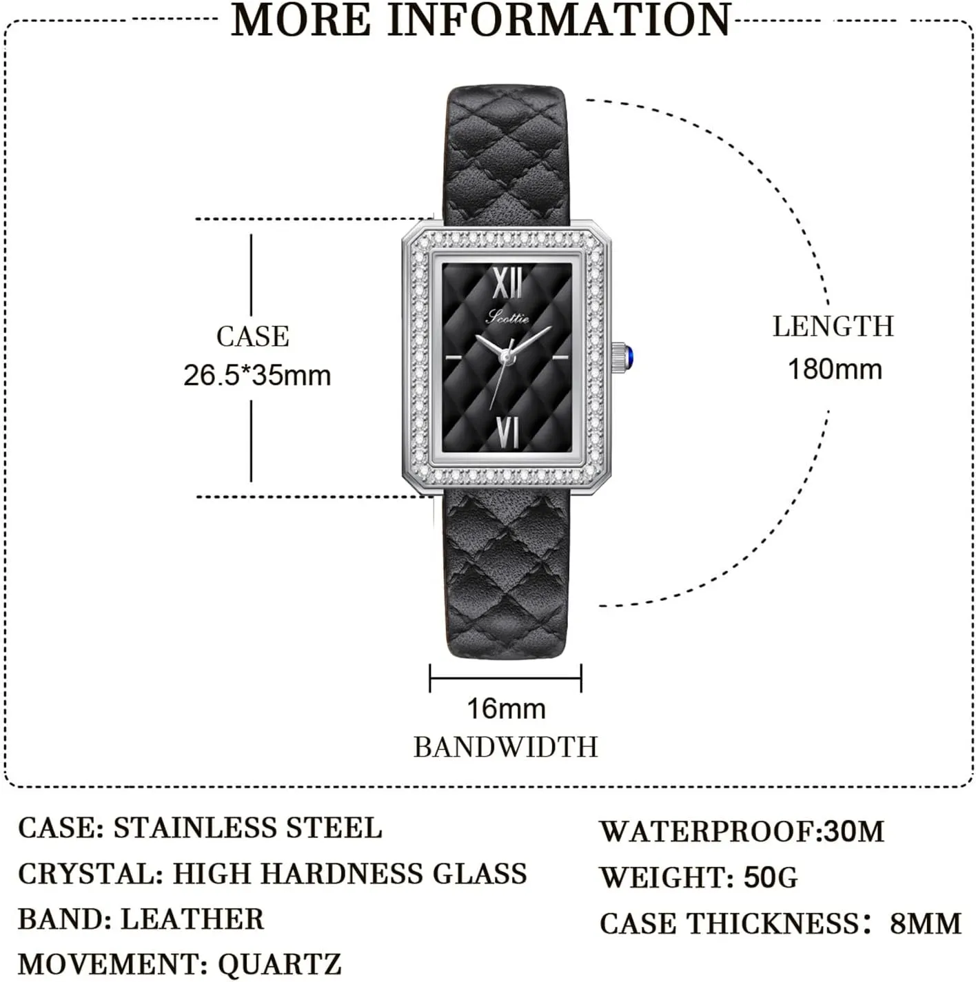 PASOY Luxury Women's Elegant Rectangular Watch Leather Strap Diamond Inlaid Bezel Quartz Lightweight Waterproof Stylish for Women in Black Green Beige Lavender