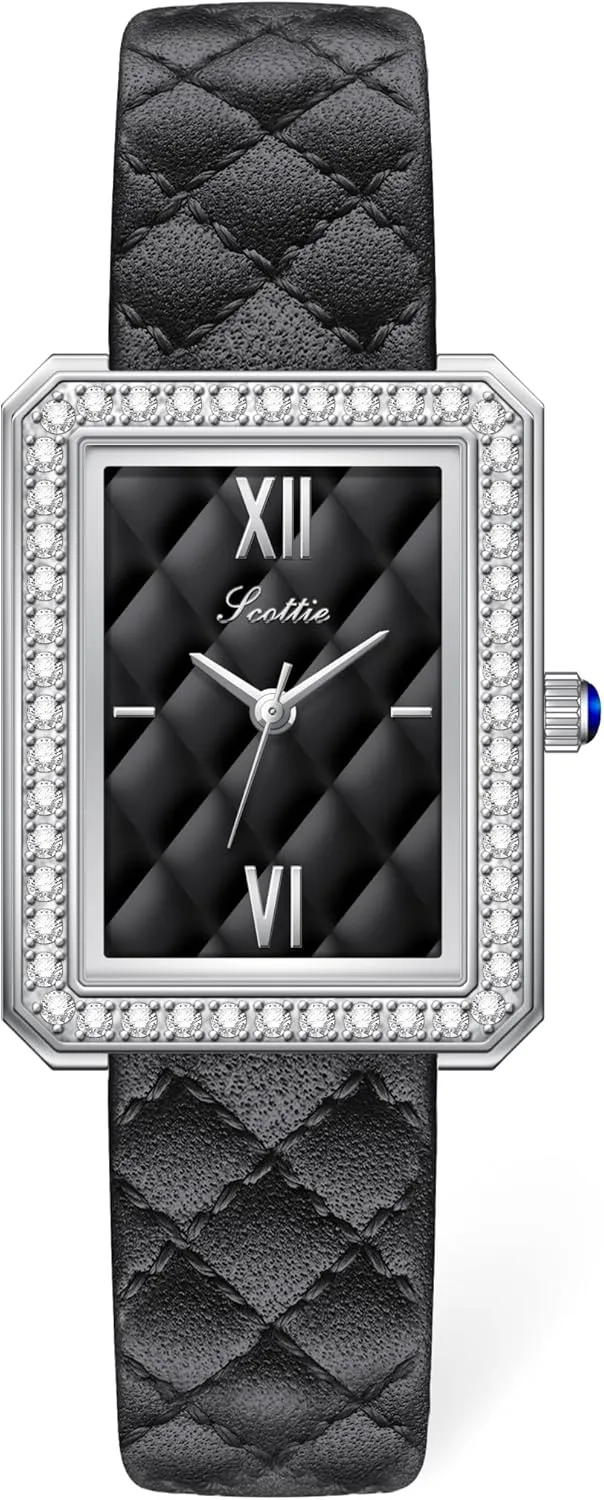 PASOY Luxury Women's Elegant Rectangular Watch Leather Strap Diamond Inlaid Bezel Quartz Lightweight Waterproof Stylish for Women in Black Green Beige Lavender