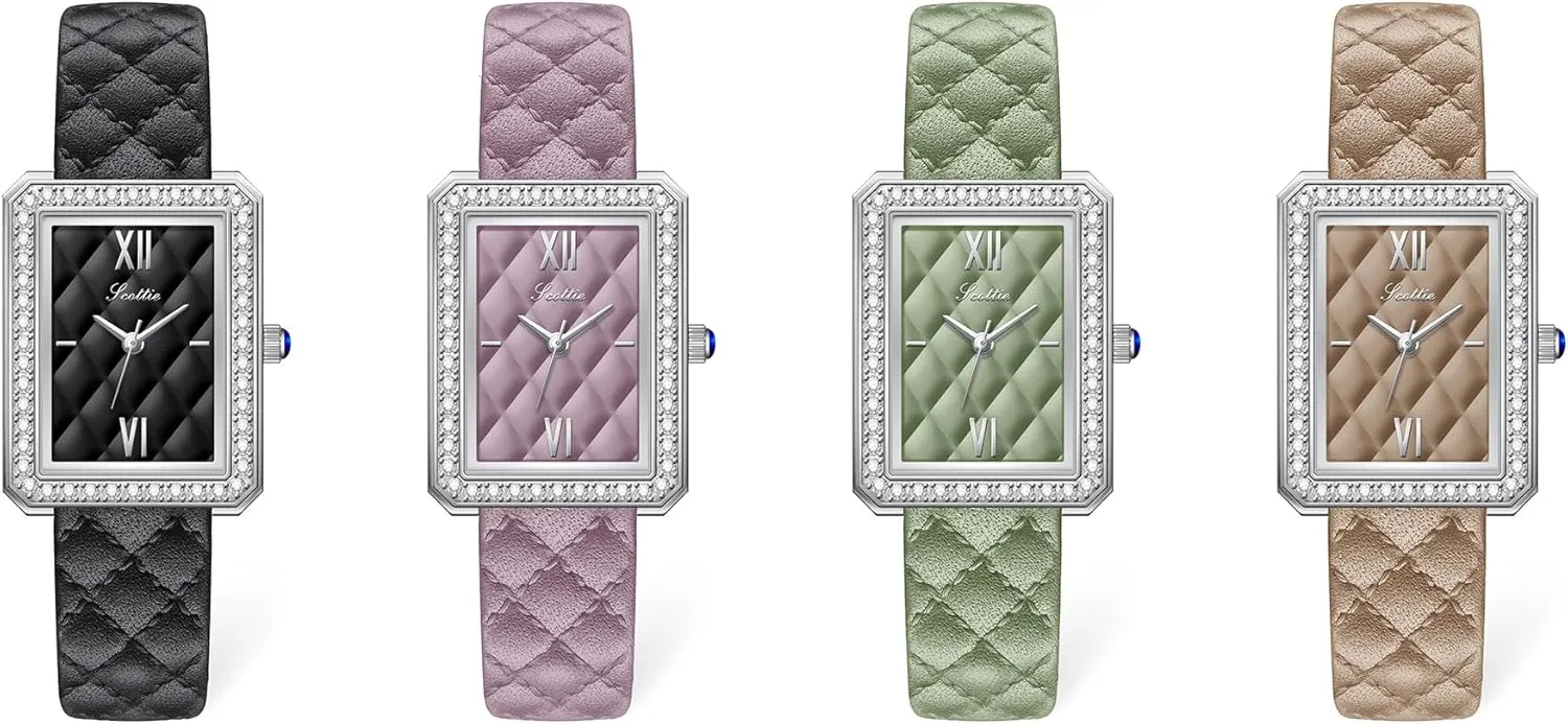 PASOY Luxury Women's Elegant Rectangular Watch Leather Strap Diamond Inlaid Bezel Quartz Lightweight Waterproof Stylish for Women in Black Green Beige Lavender