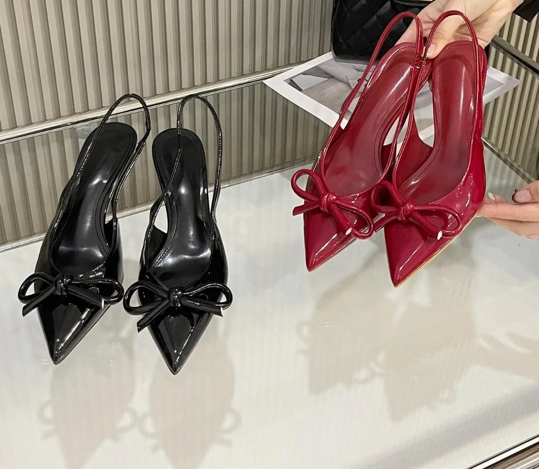Patent Leather Bow Stiletto Heels, Womens Pointed Toe High Heels, Strap Back High-Heeled Sandals, 7cm, Comfortable, Fashion