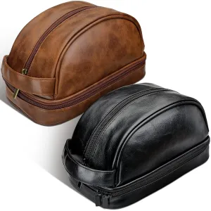 Paterr 2 Pcs Leather Toiletry Pouch for Men Women Durable Travel Shaving Kit Bag Upper and Lower Zippered Compartments for Toiletries Accessories