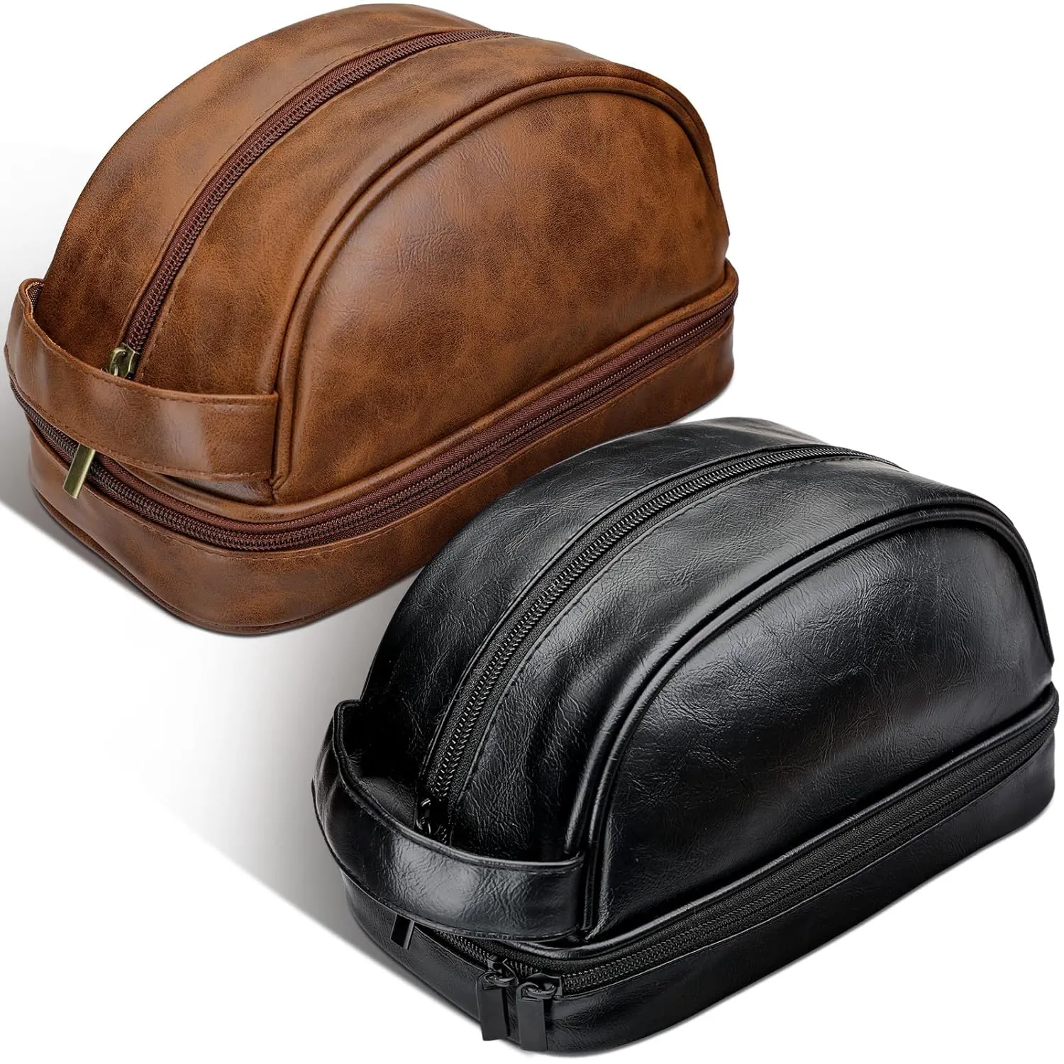 Paterr 2 Pcs Leather Toiletry Pouch for Men Women Durable Travel Shaving Kit Bag Upper and Lower Zippered Compartments for Toiletries Accessories