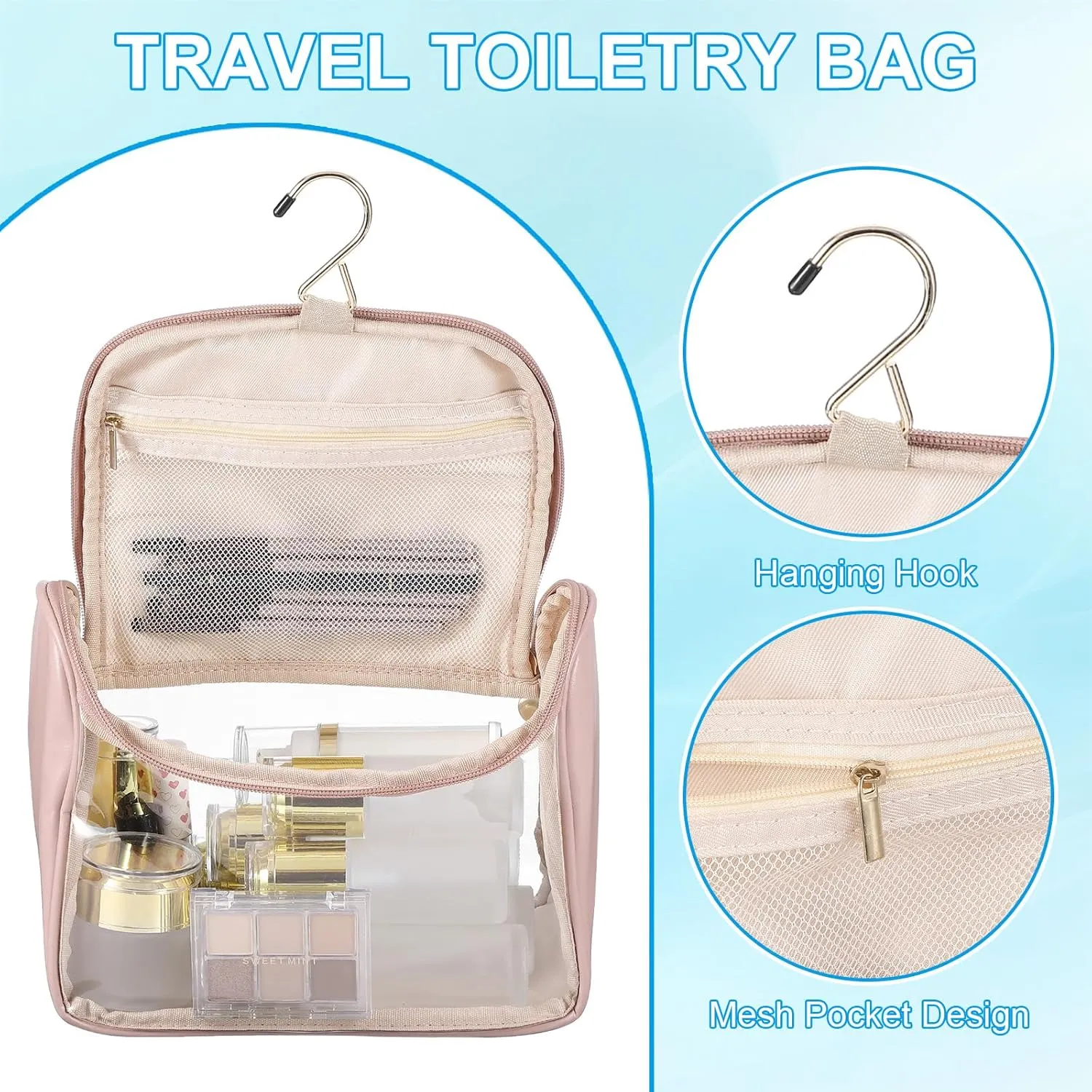 PATIKIL Hanging Clear Toiletry Bag, Waterproof Makeup Bag Travel Cosmetic Organizer Pouch Large Capacity Portable Tote Storage Bag with Zipper Handle Strap for Women Men, Pink