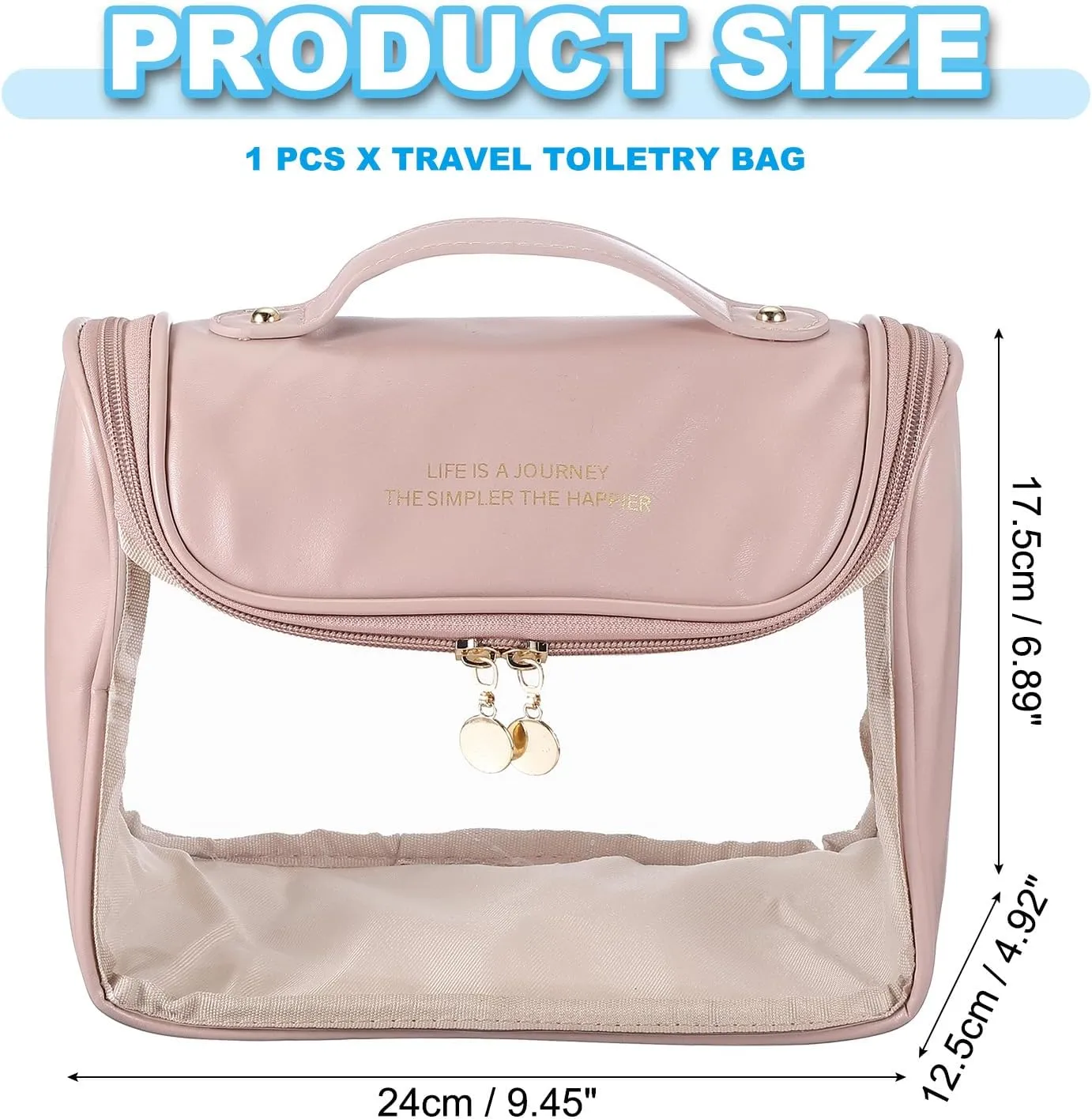 PATIKIL Hanging Clear Toiletry Bag, Waterproof Makeup Bag Travel Cosmetic Organizer Pouch Large Capacity Portable Tote Storage Bag with Zipper Handle Strap for Women Men, Pink