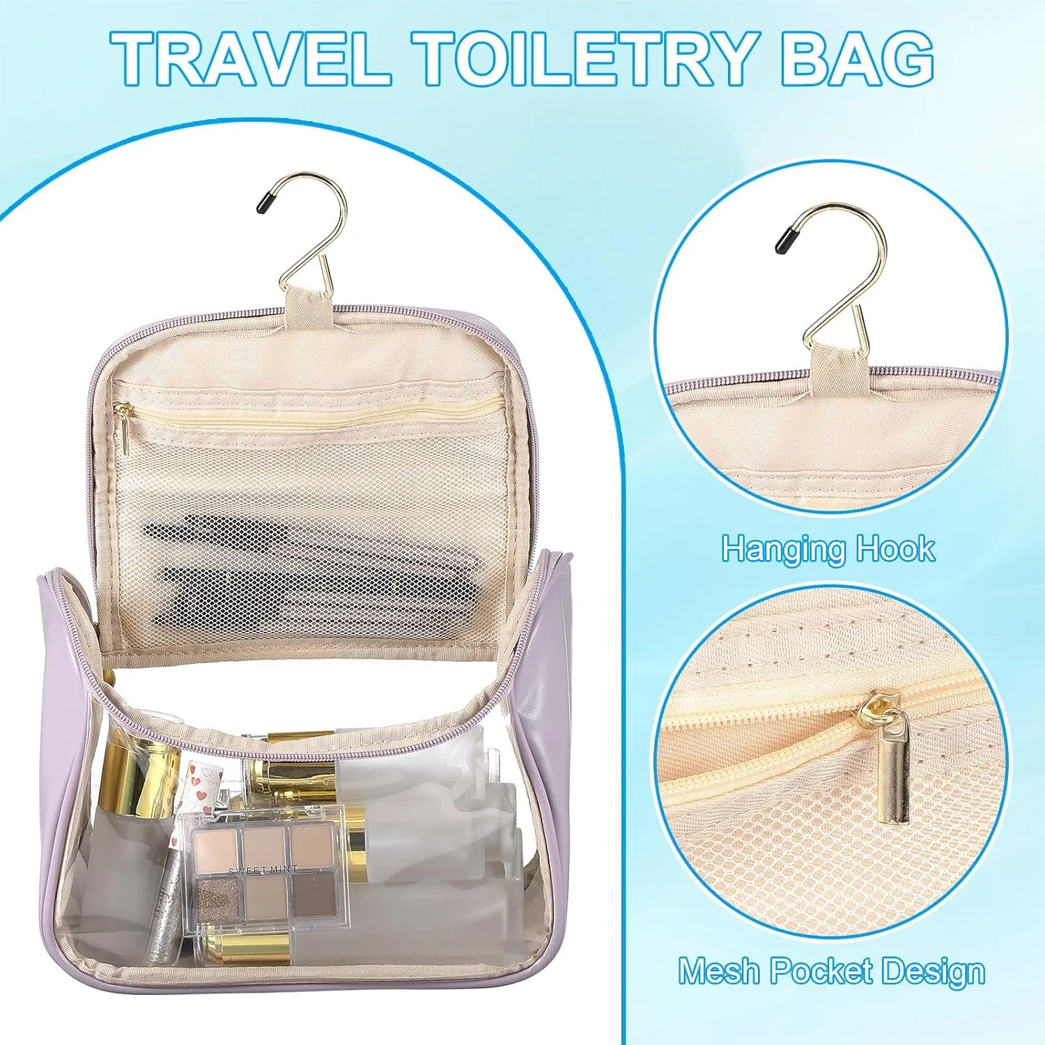 PATIKIL Hanging Clear Toiletry Bag, Waterproof Makeup Bag Travel Cosmetic Organizer Pouch Large Capacity Portable Tote Storage Bag with Zipper Handle Strap for Women Men, Purple