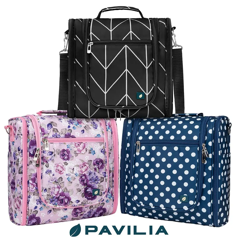 PAVILIA Extra Large Toiletry Bag Travel Bag for Women Men, Hanging Cosmetic Organizer, Water Resistant Makeup Bag for Accessories Toiletries, Travel Essentials Kit (Black Chevron)