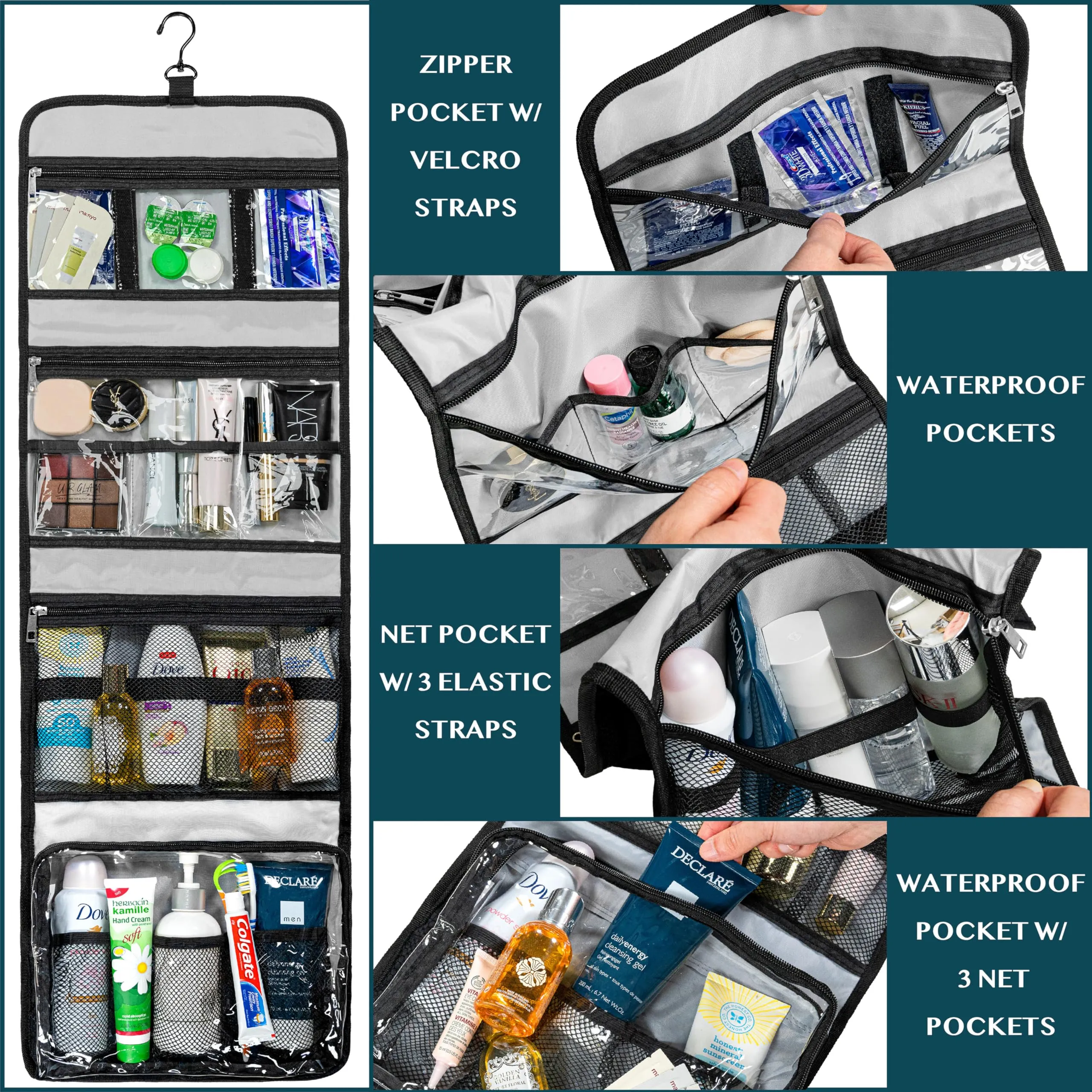 PAVILIA Travel Hanging Toiletry Bag for Women Men, Extra Large Capacity Makeup Bag Kit, Waterproof Cosmetic Storage Organizer Case for Bathroom Shower, Black
