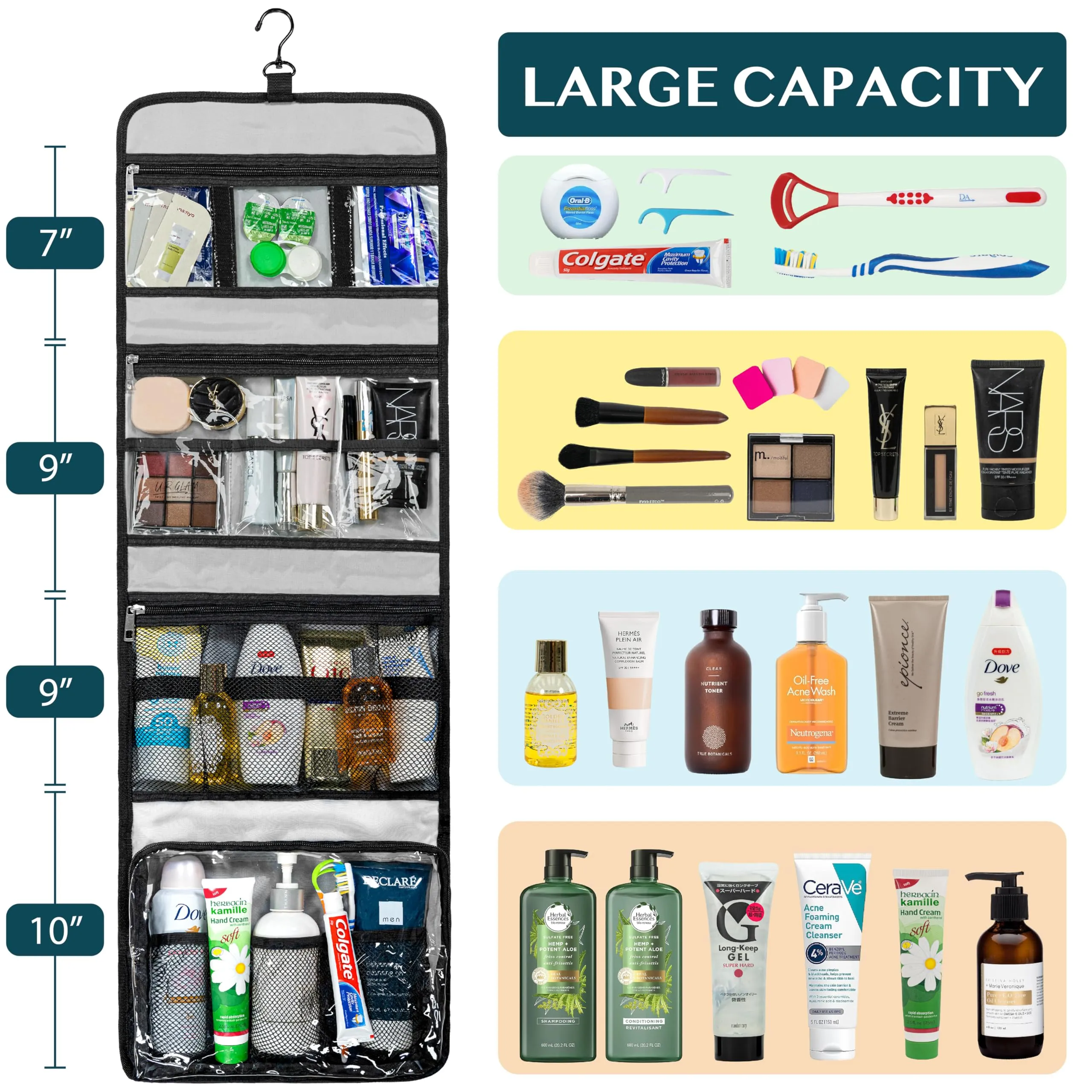 PAVILIA Travel Hanging Toiletry Bag for Women Men, Extra Large Capacity Makeup Bag Kit, Waterproof Cosmetic Storage Organizer Case for Bathroom Shower, Black
