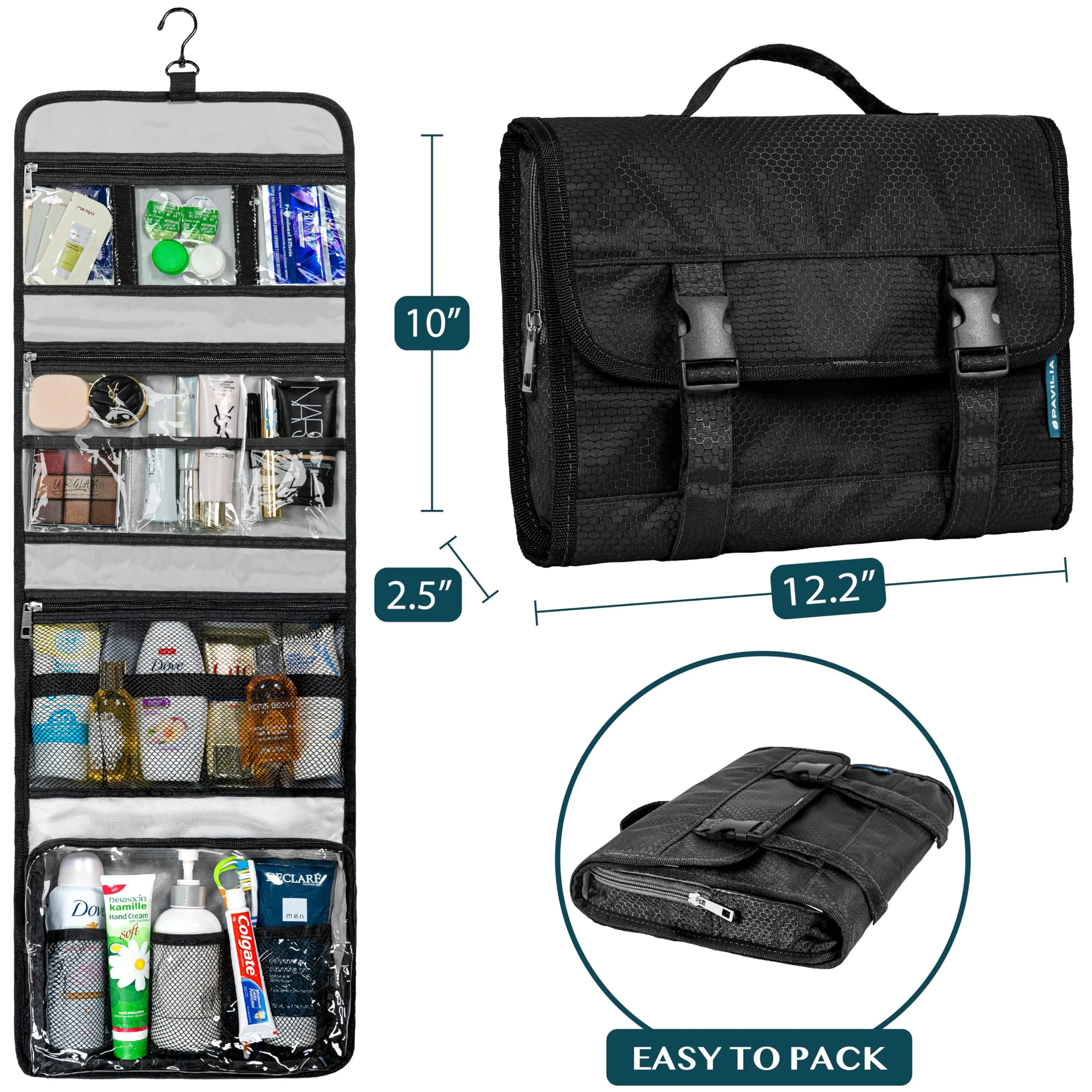 PAVILIA Travel Hanging Toiletry Bag for Women Men, Extra Large Capacity Makeup Bag Kit, Waterproof Cosmetic Storage Organizer Case for Bathroom Shower, Black