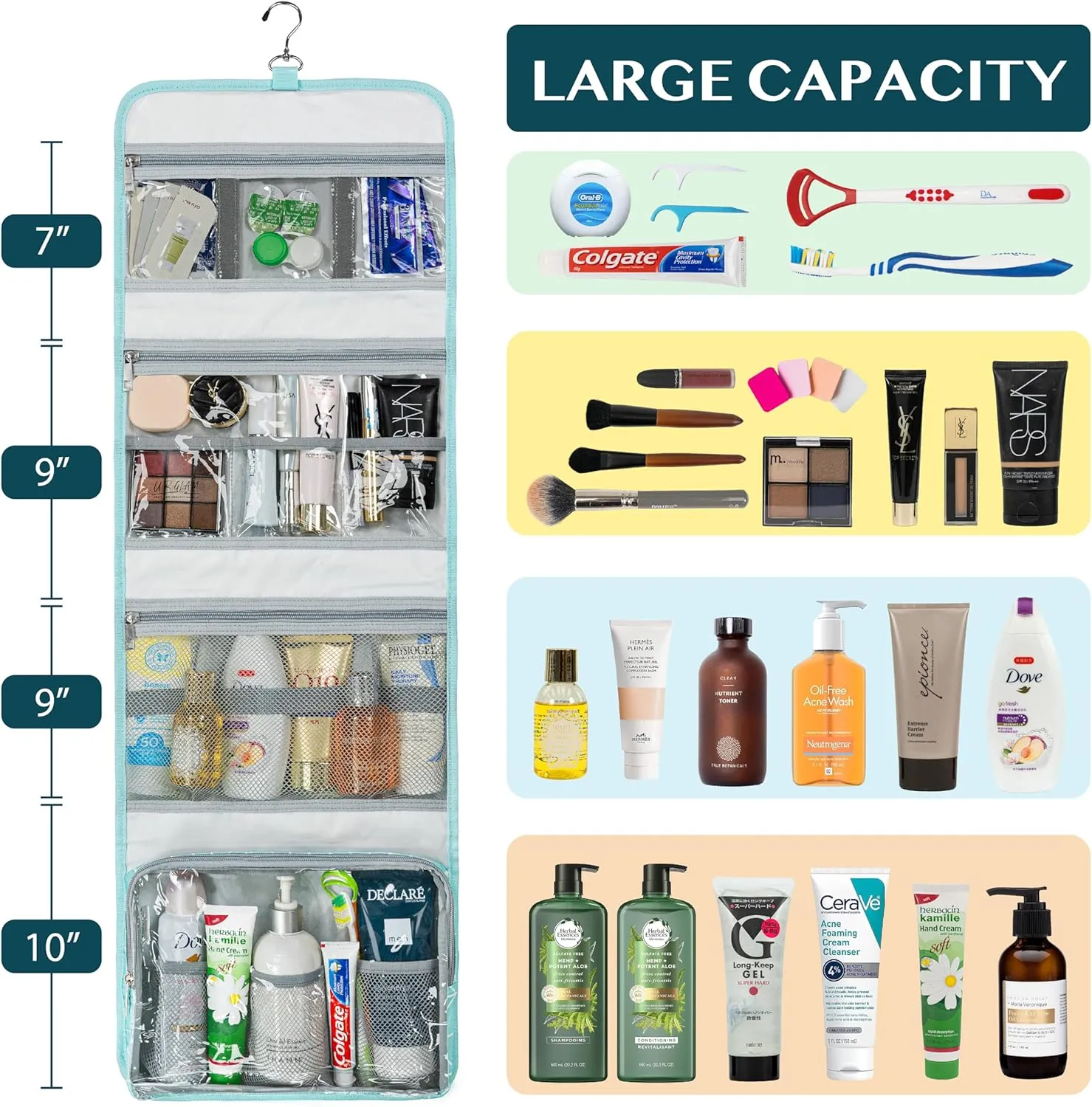 PAVILIA Travel Hanging Toiletry Bag for Women Men, Large Capacity Makeup Bag Kit, Waterproof Cosmetic Storage Organizer Case for Bathroom Shower, Black