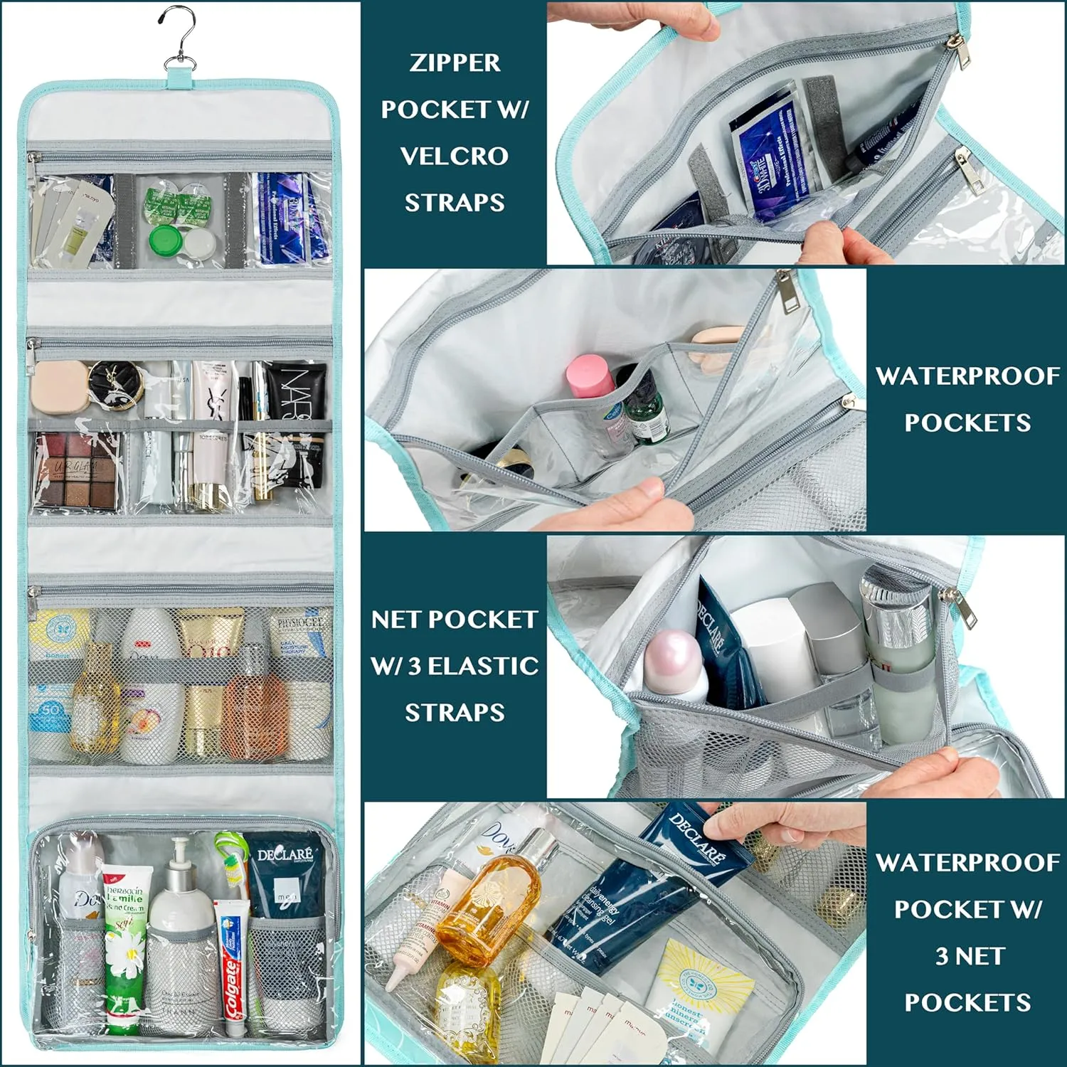 PAVILIA Travel Hanging Toiletry Bag for Women Men, Large Capacity Makeup Bag Kit, Waterproof Cosmetic Storage Organizer Case for Bathroom Shower, Black