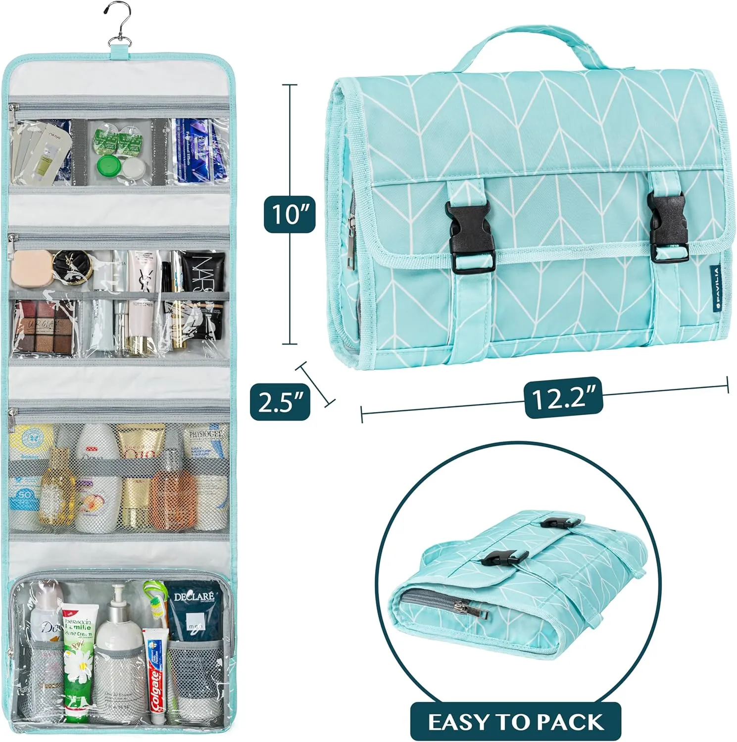 PAVILIA Travel Hanging Toiletry Bag for Women Men, Large Capacity Makeup Bag Kit, Waterproof Cosmetic Storage Organizer Case for Bathroom Shower, Black