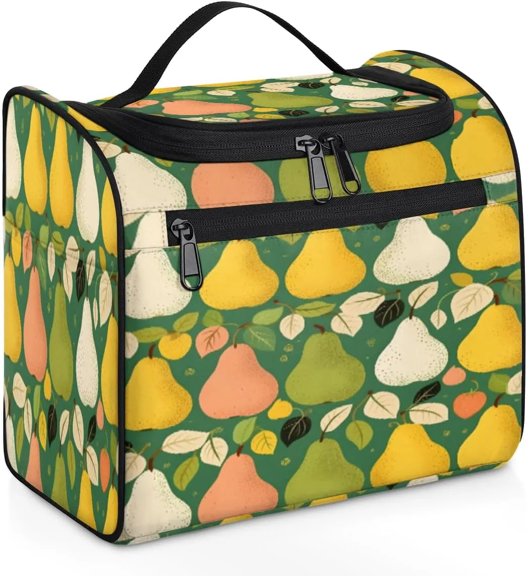Pear Print Women's Toiletry Bag Waterproof Cosmetic BagFruit Pears Travel Cosmetic Bag Multi-functional Organizer with Hooks Suitable for Full-size Toiletries and Cosmetics