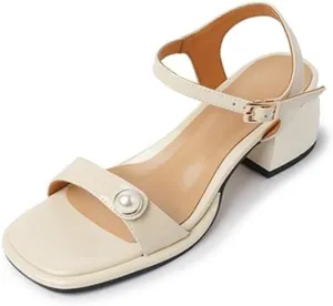Pearl Inner And Outer Full Leather Thick Mid Heel Round Toe Lacquer Leather Line Strap Sandals