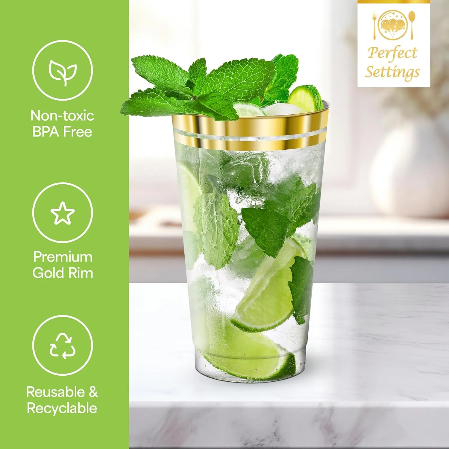 Perfect Settings Gold Rimmed Disposable Plastic Cups, Clear Hard Plastic Drinking Glasses for Cold Beverages & Cocktails, BPA-FREE, Disposable Wedding Cups, 16 oz. (Pack of 100)