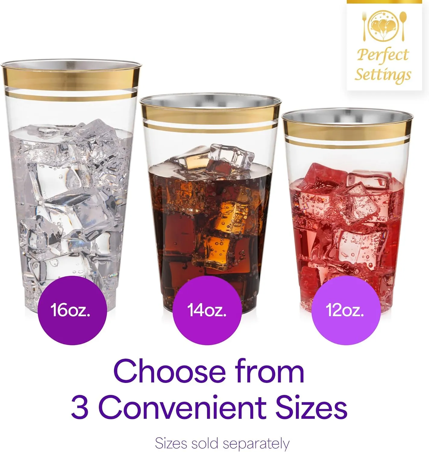 Perfect Settings Gold Rimmed Disposable Plastic Cups, Clear Hard Plastic Drinking Glasses for Cold Beverages & Cocktails, BPA-FREE, Disposable Wedding Cups, 16 oz. (Pack of 100)